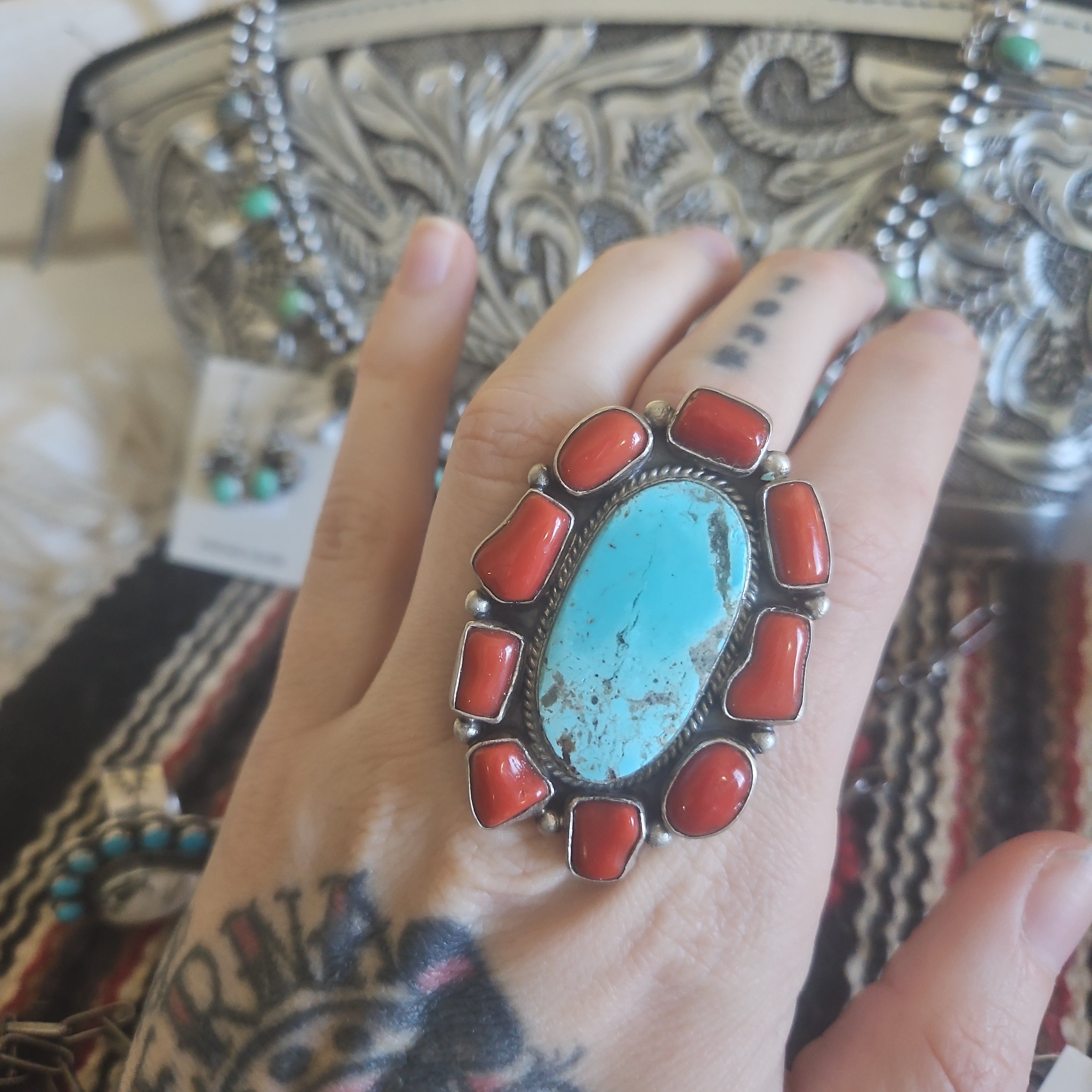 Turquoise and Coral Cluster Ring