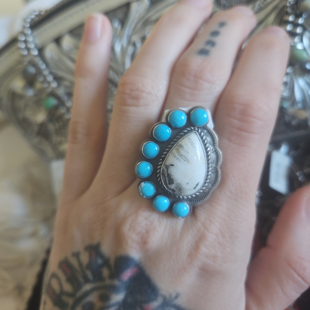 Turquoise White Buffalo Cluster Ring