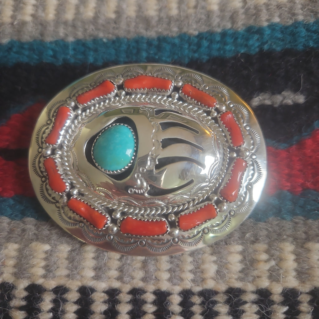 Turquoise and Coral Bear Paw Belt Buckle