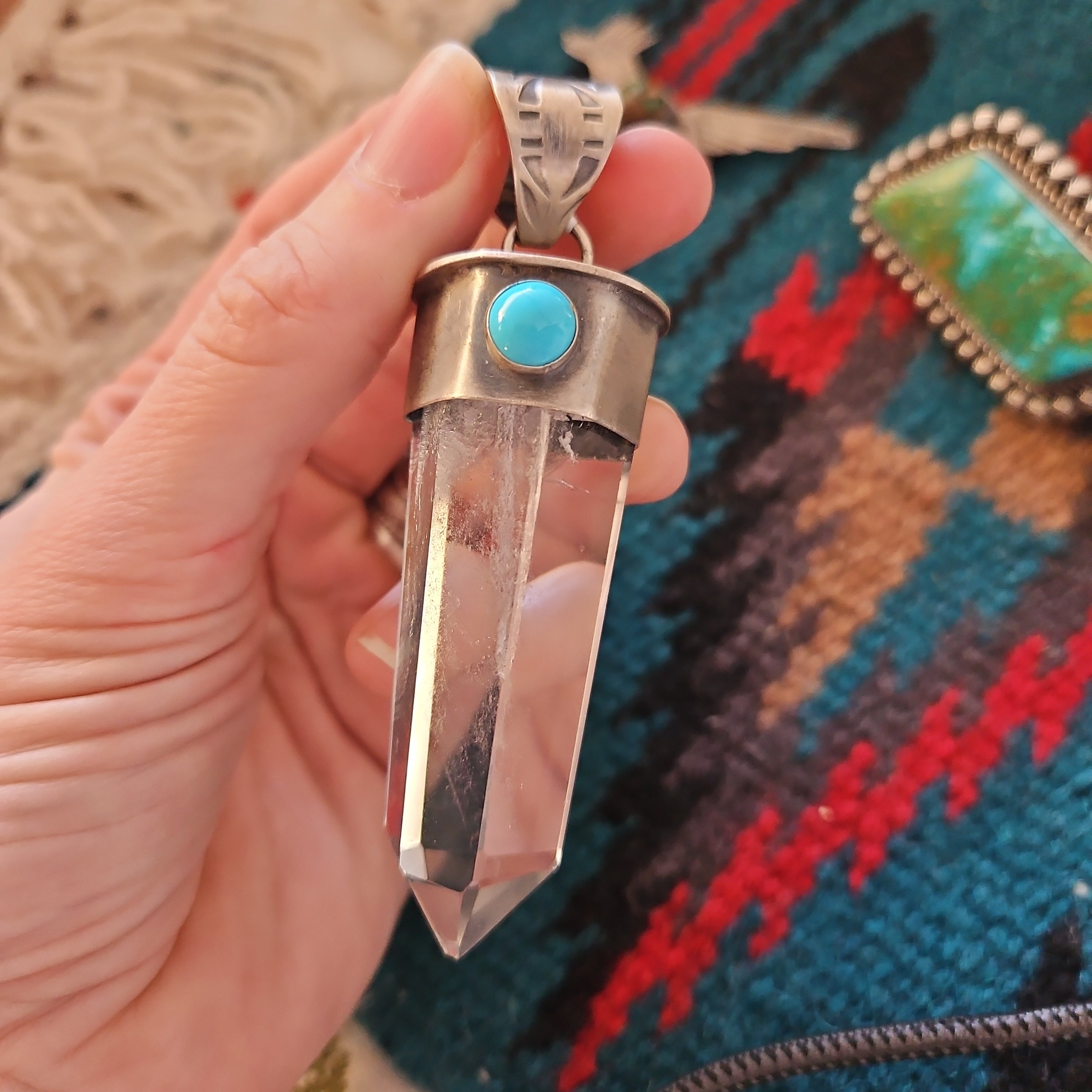 Big Sterling Quartz Turquoise Pendant