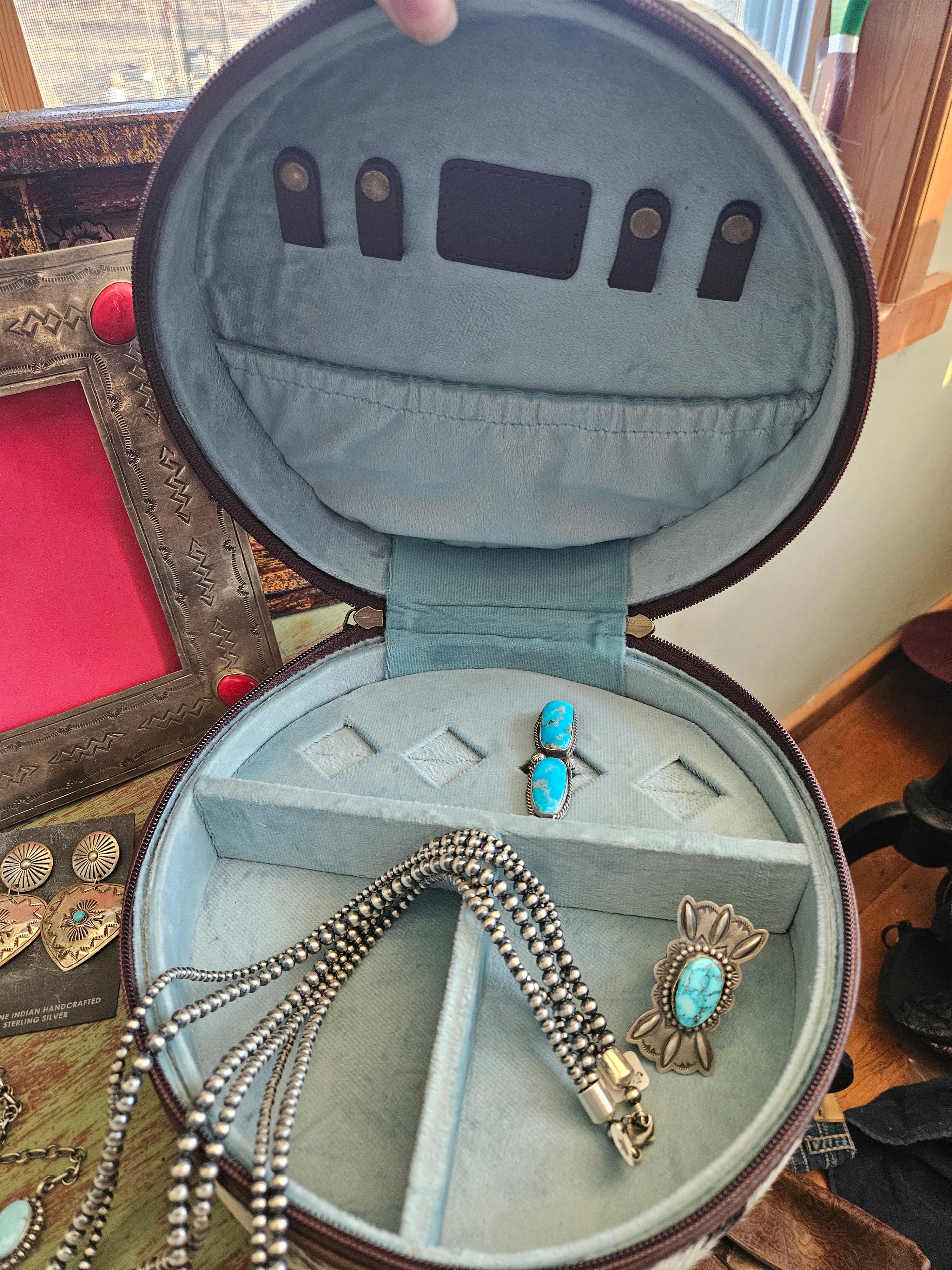 Cowhide Tooled Leather Circular Jewelry Box