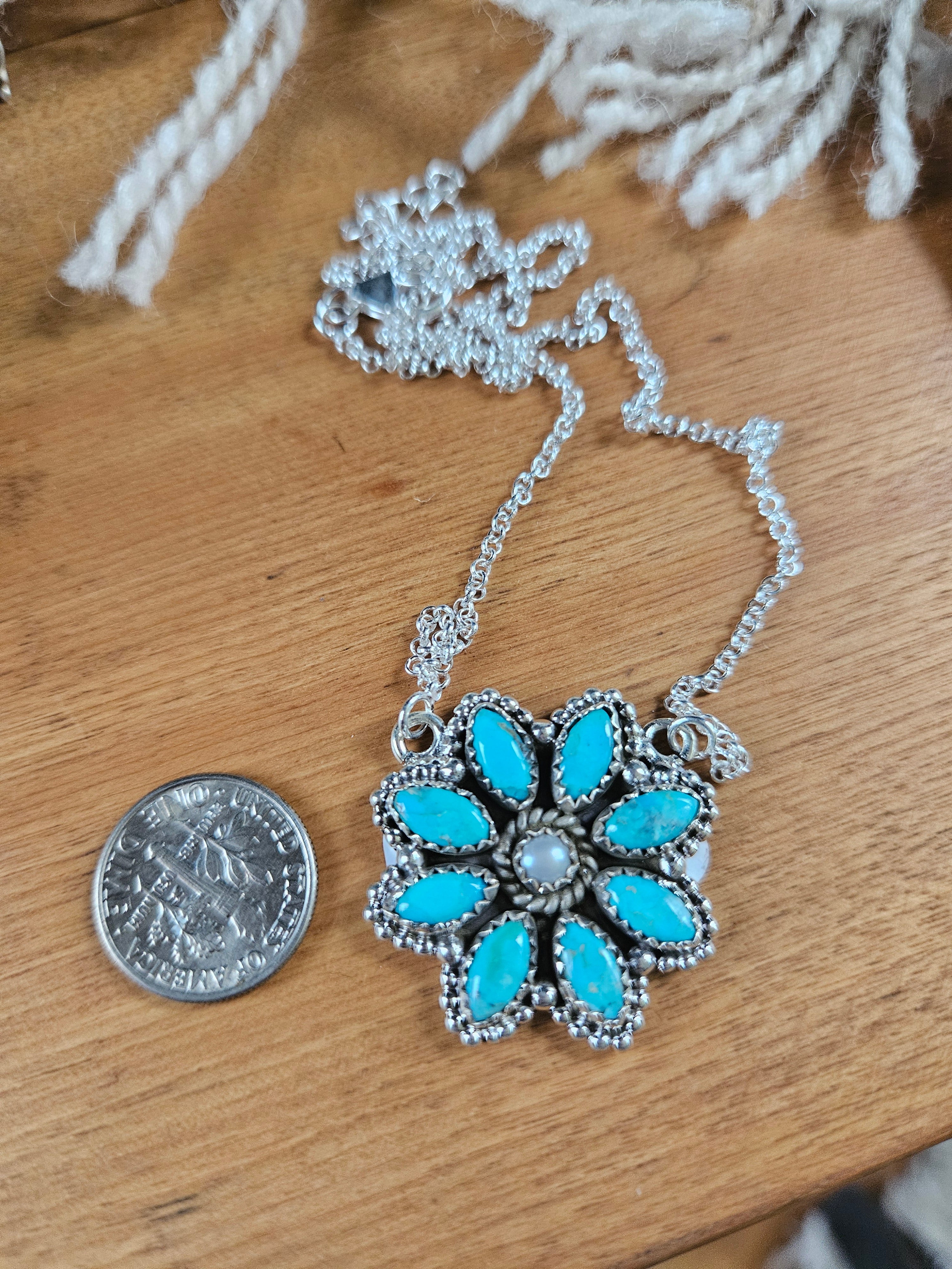 Turquoise and Pearl Flower Necklace SALE