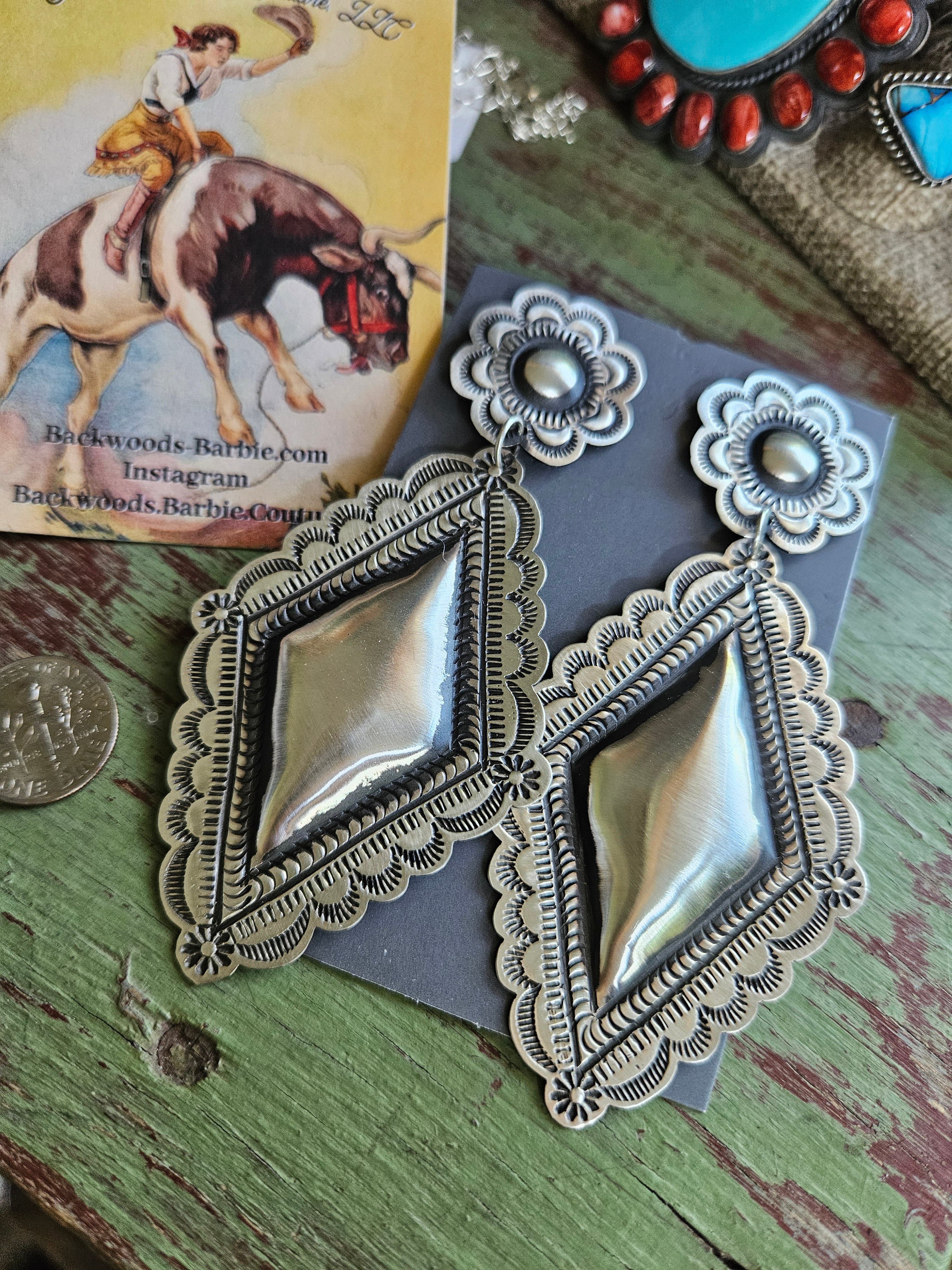 Silver Diamond BIG Concho Earrings SALE