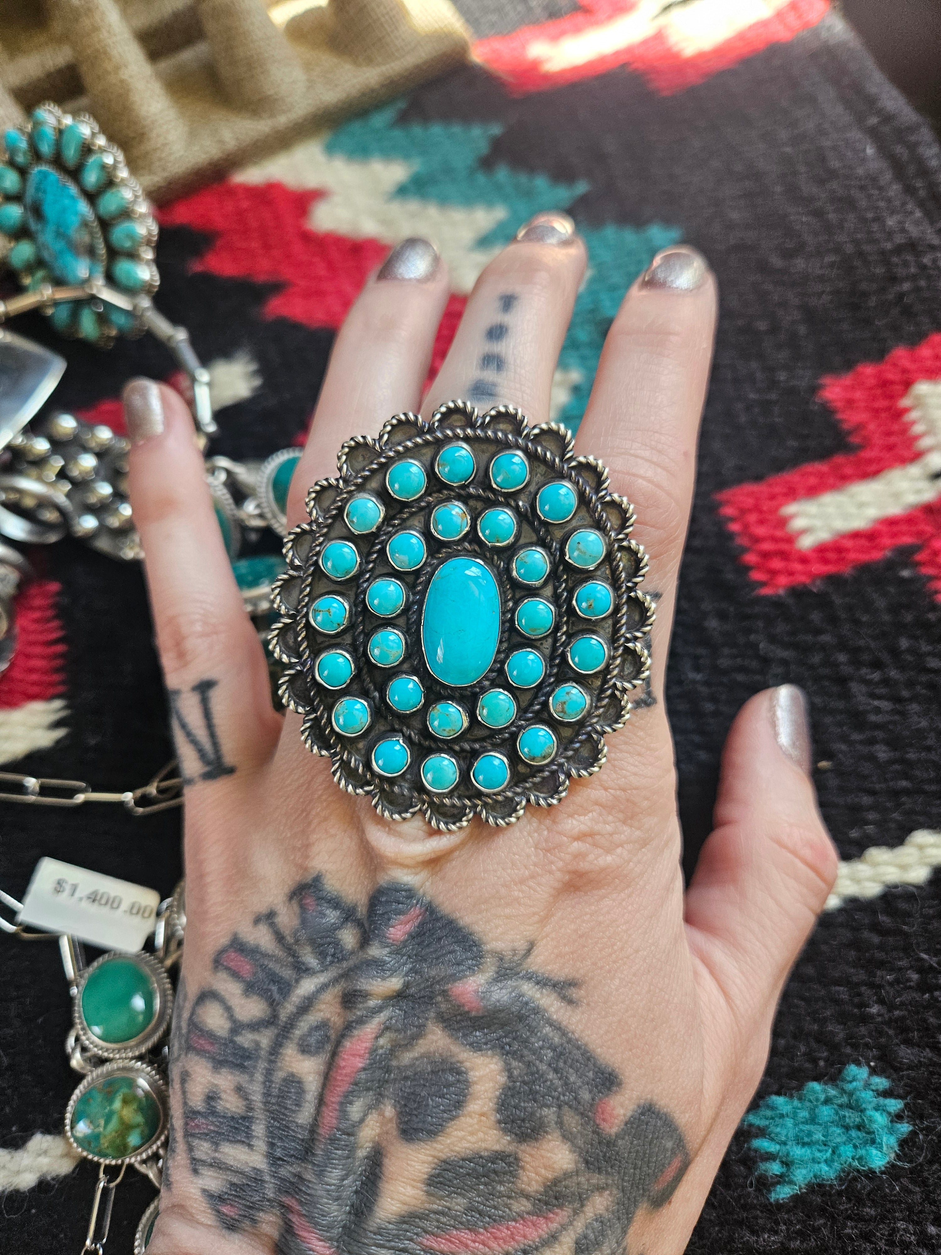 Big Turquoise Concho Cluster Ring