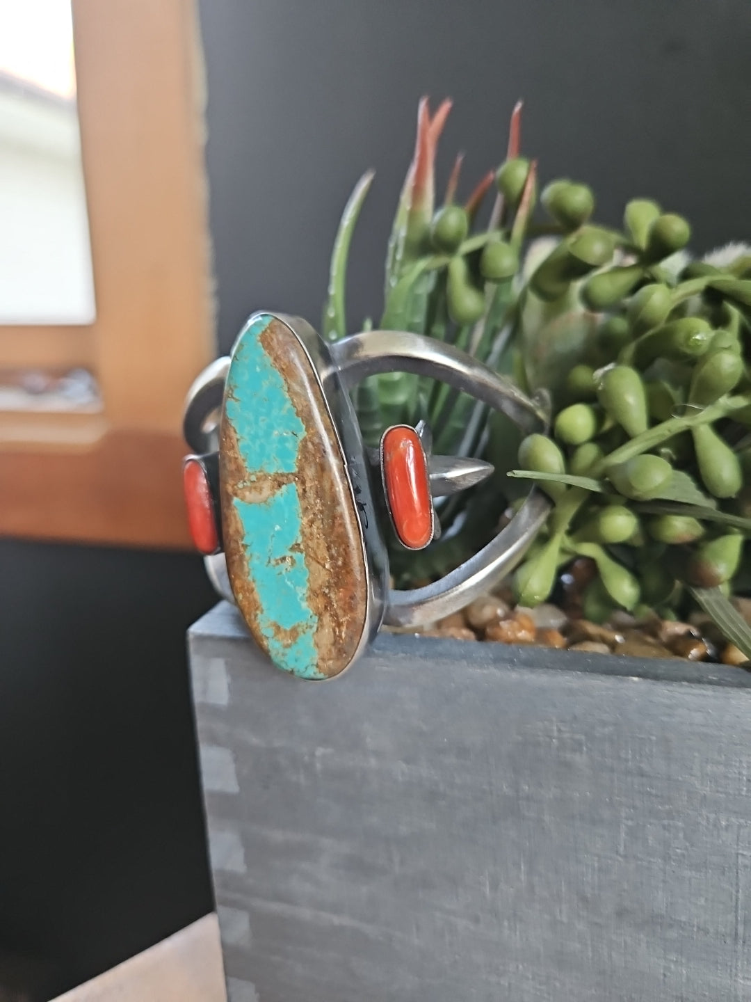 Number 8 Turquoise and Coral Cuff by Chimney Butte