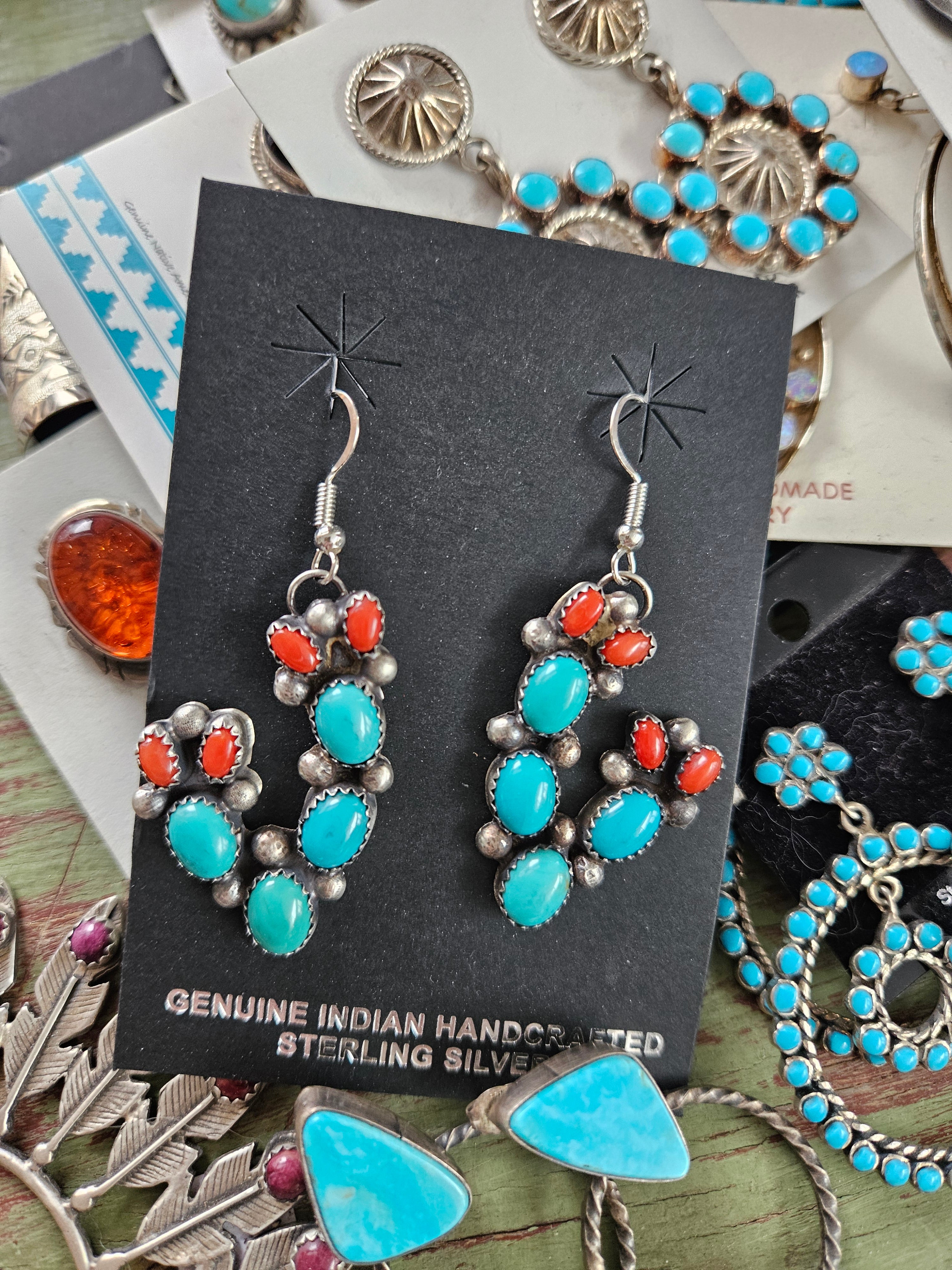 Turquoise and Coral Cactus Earrings