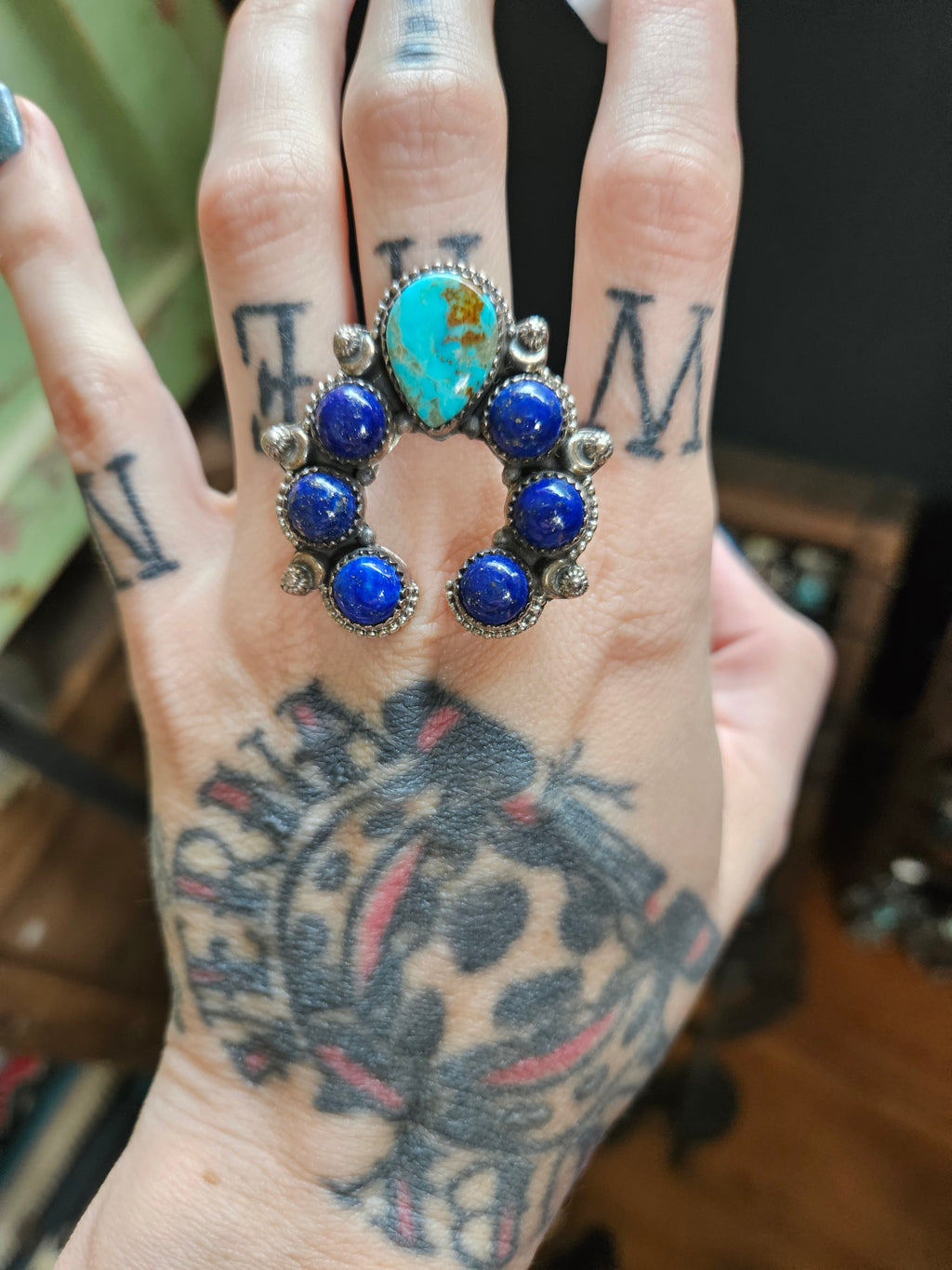 Turquoise and Lapis Horseshoe Naja Ring