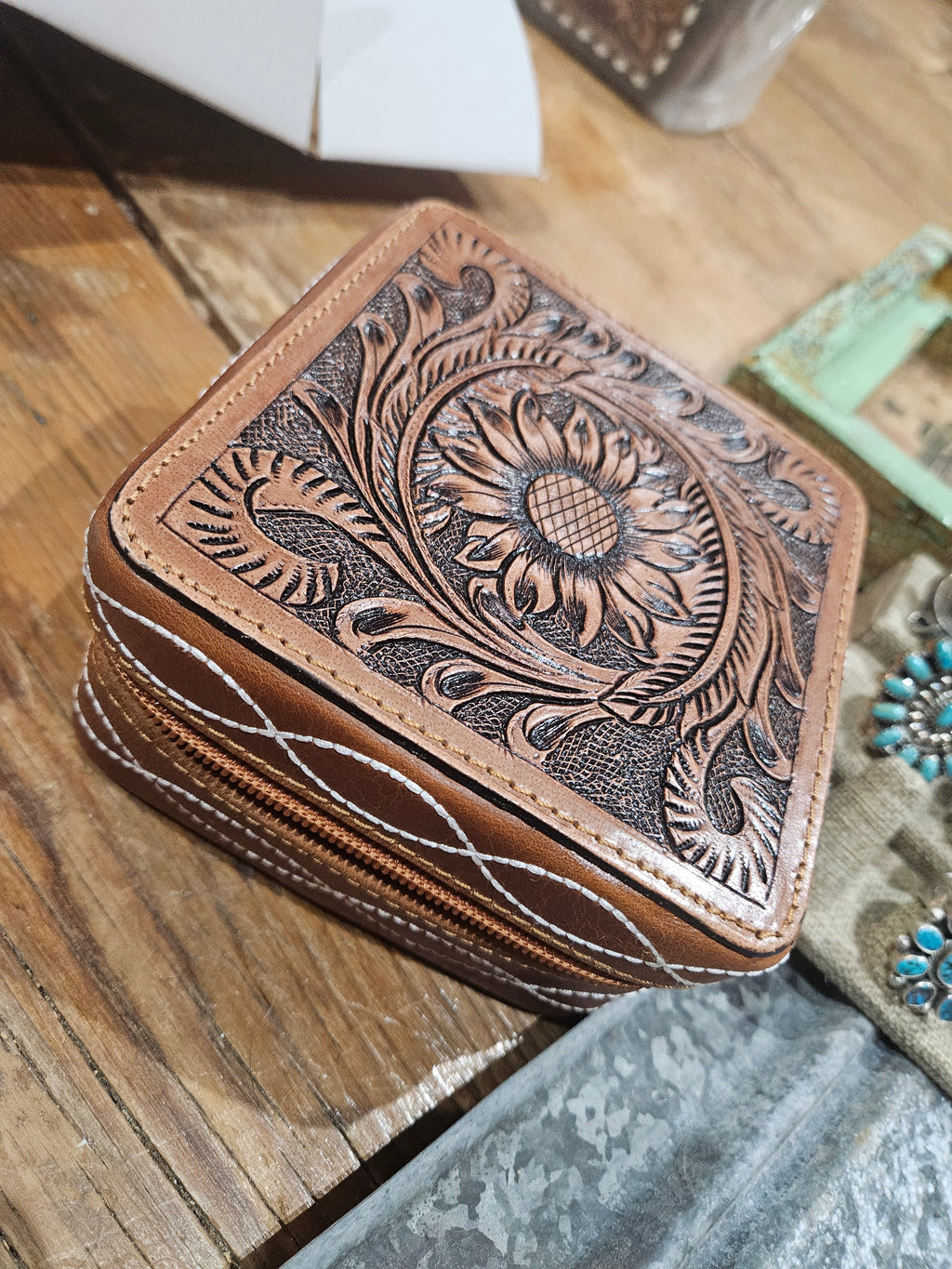 Sunflower and Bootstitch Double Layer Jewelry Box Travel Case