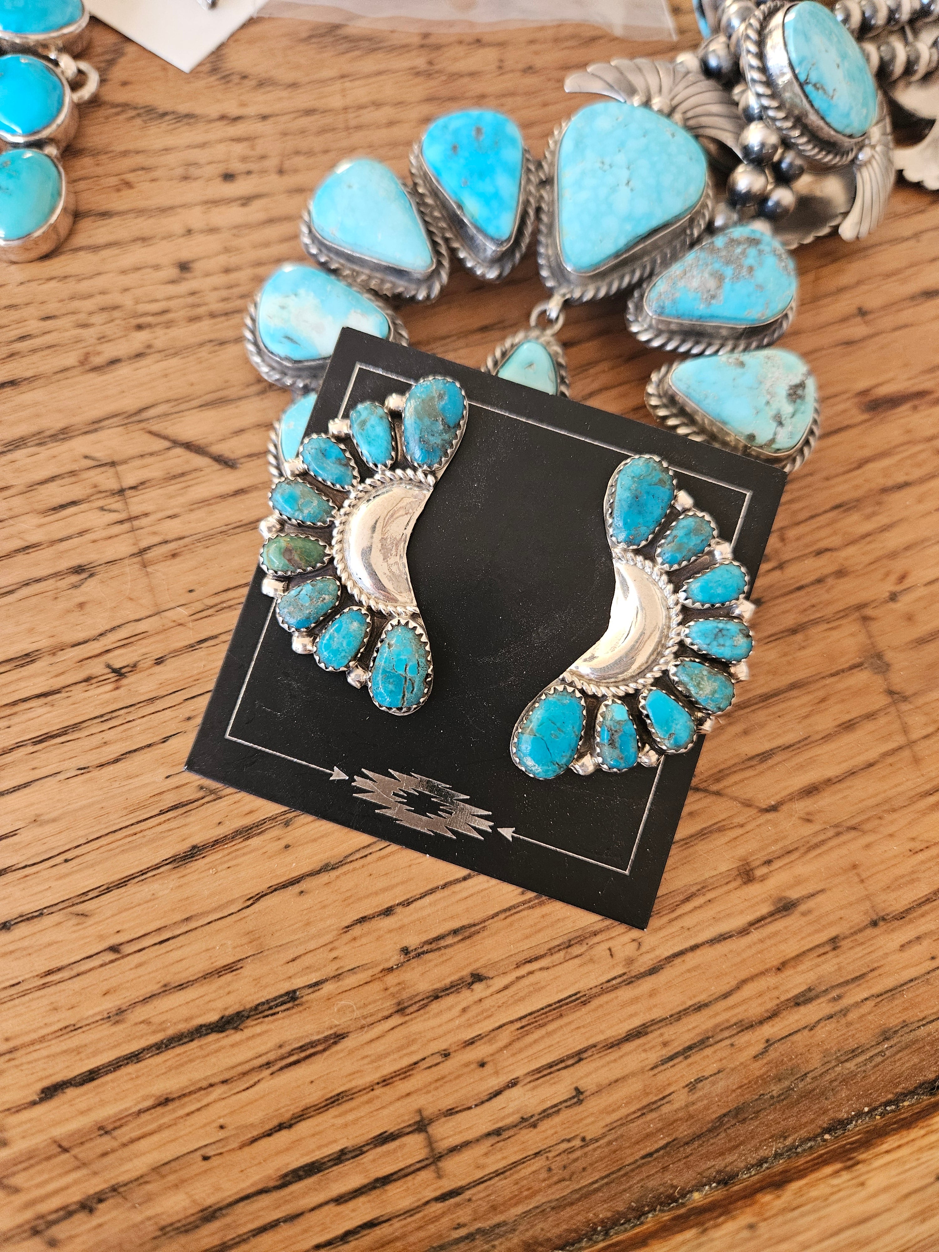 Blue Kingman Half Moon Cluster Earrings