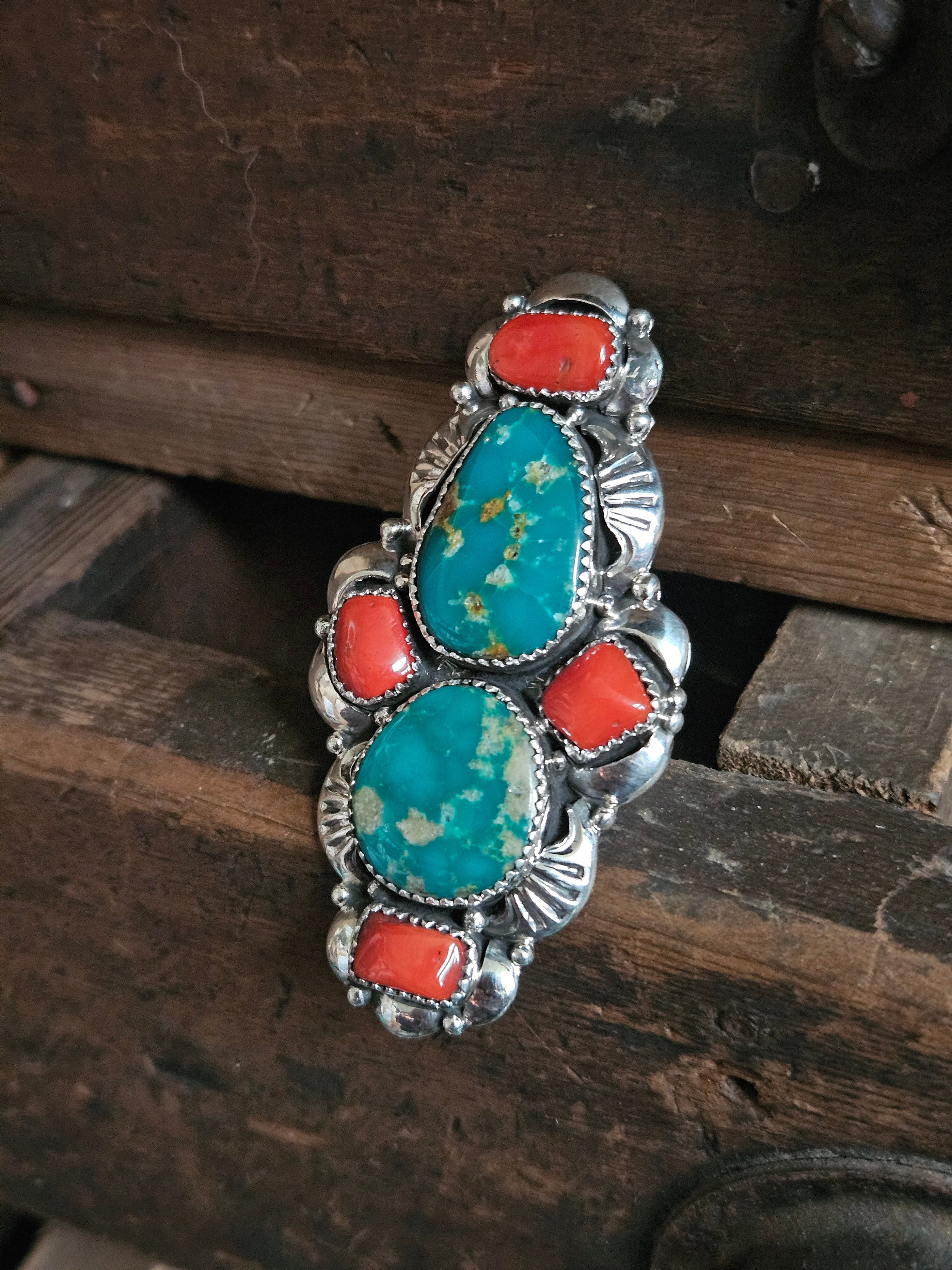 Turquoise and Coral Statement Ring SALE