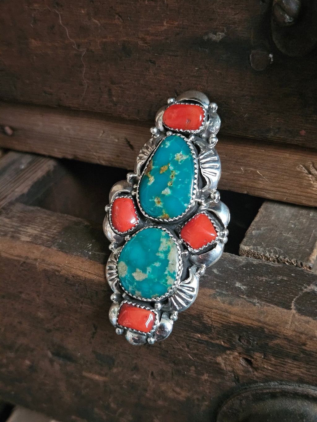 Turquoise and Coral Statement Ring SALE