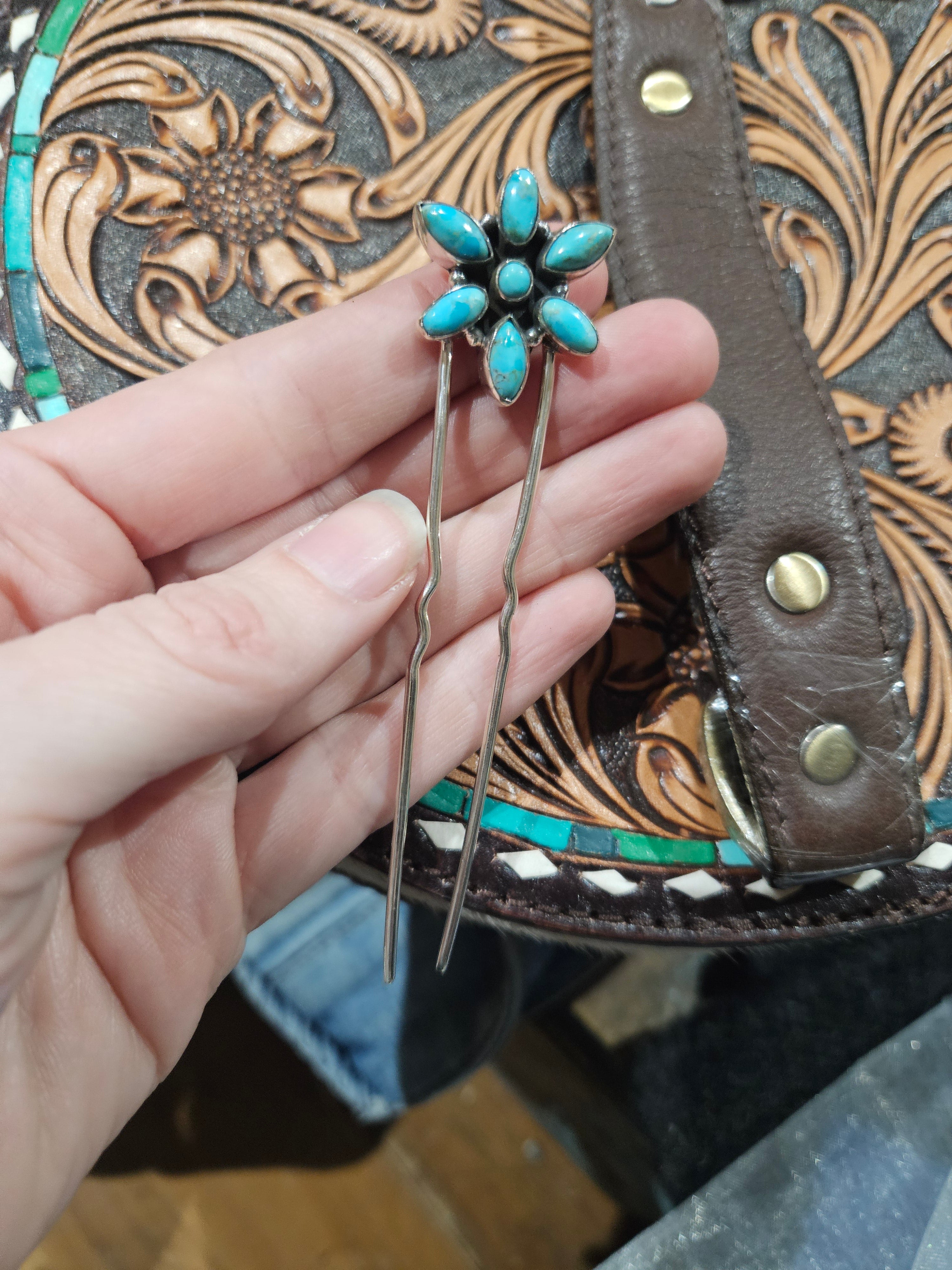 Turquoise Flower Hair Fork Pin