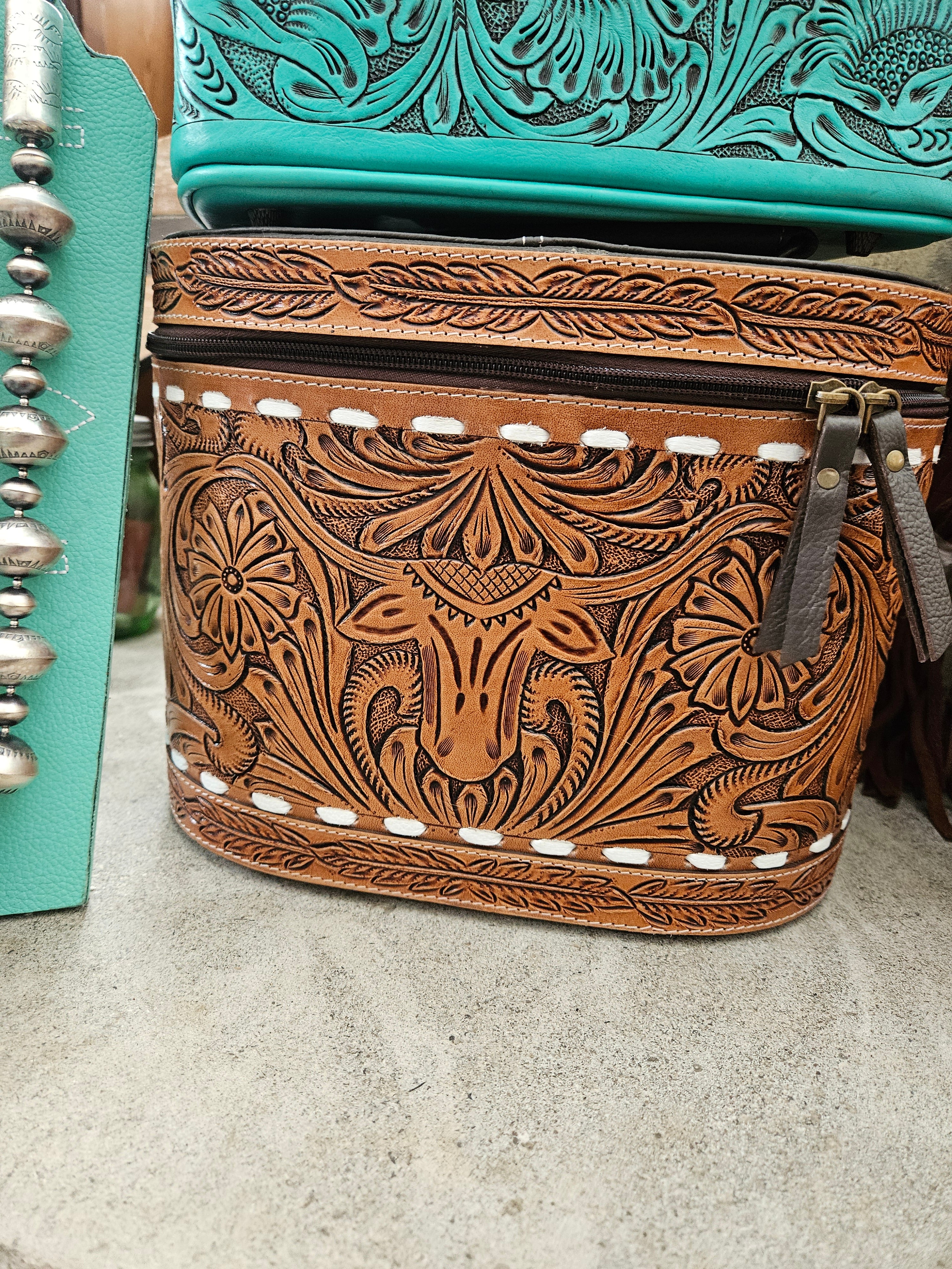 Tooled Leather Big Longhorn Train Case Travel Case Box SALE