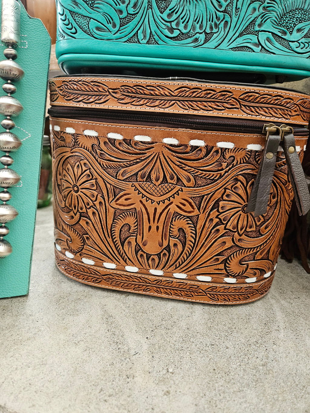 Tooled Leather Big Longhorn Train Case Travel Case Box SALE