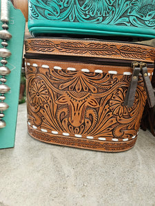 Tooled Leather Big Longhorn Train Case Travel Case Box SALE