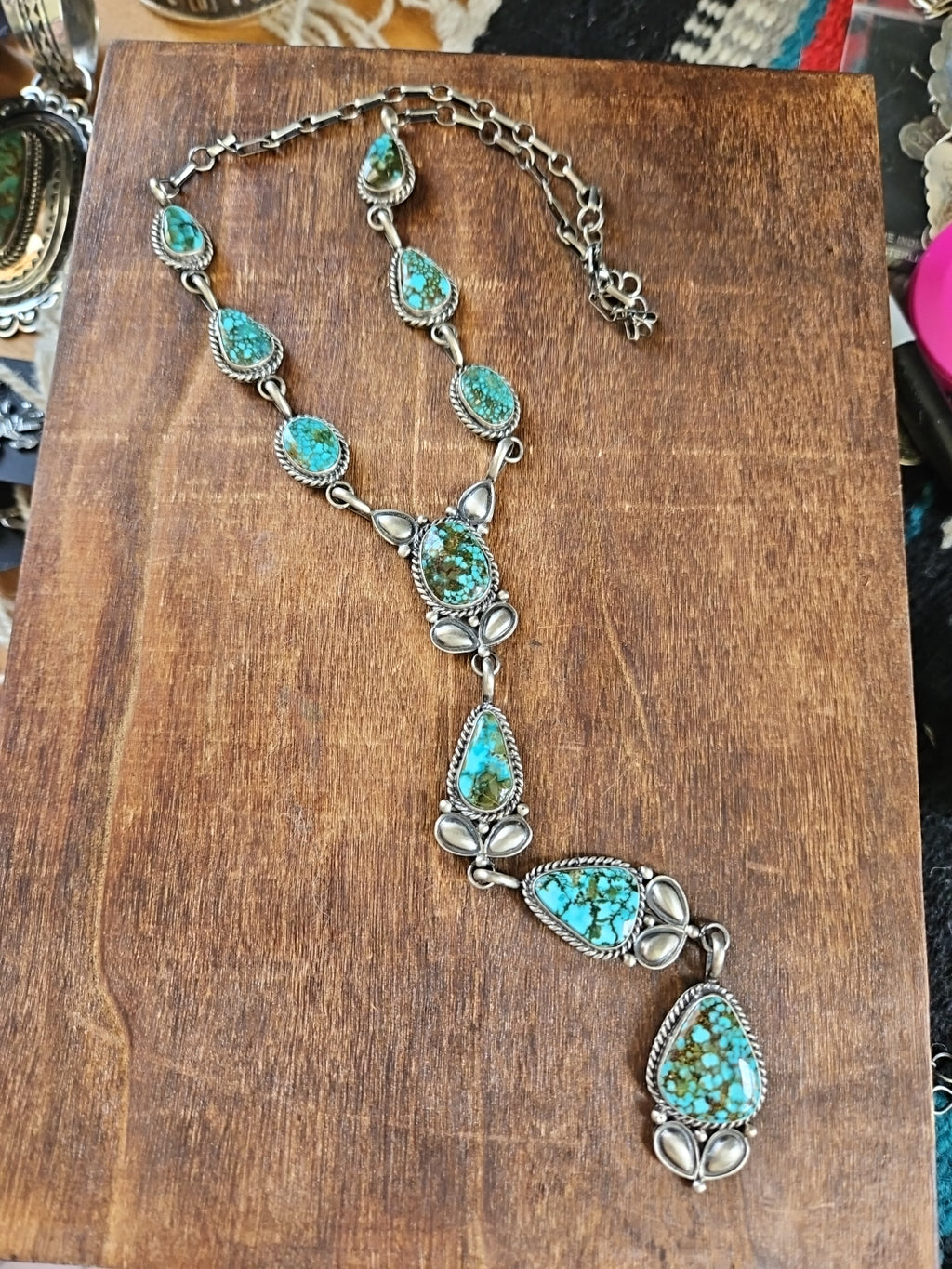Spiderweb Kingman Turquoise Lariat Necklace