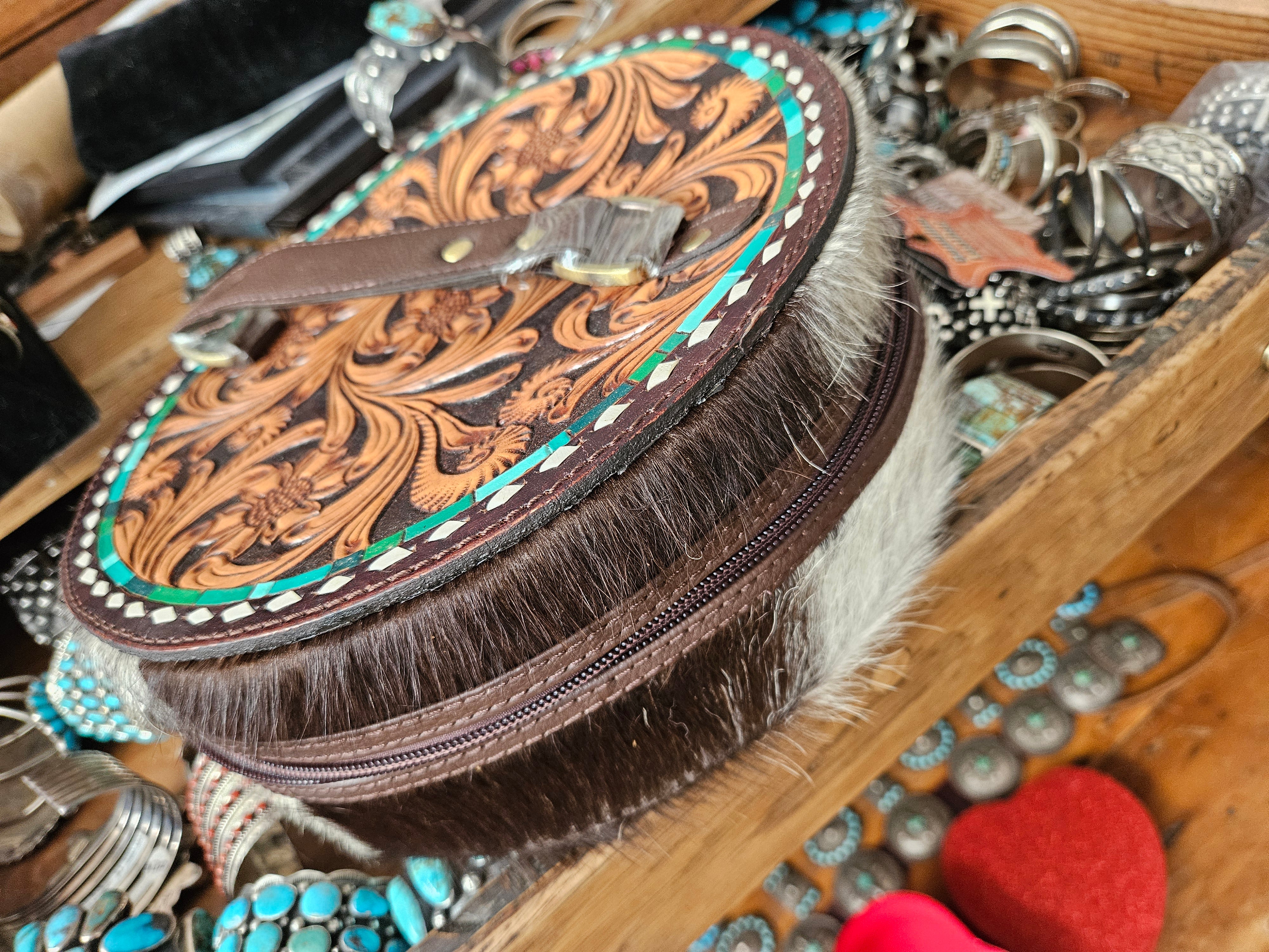 Cowhide Tooled Leather Circular Jewelry Box