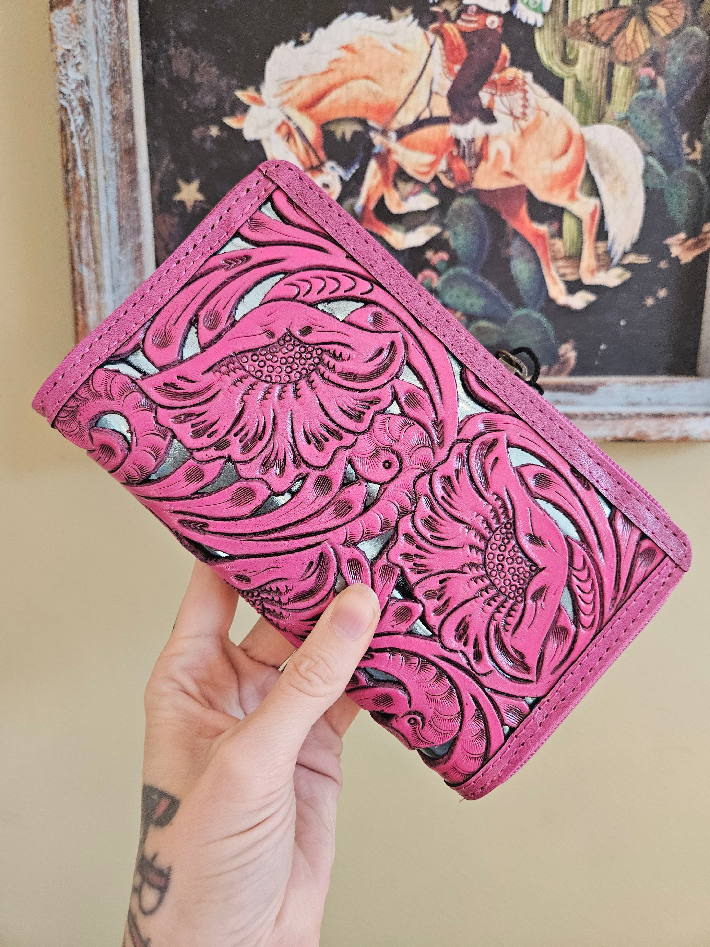 Pink Leather Tooled Zipper Wallet