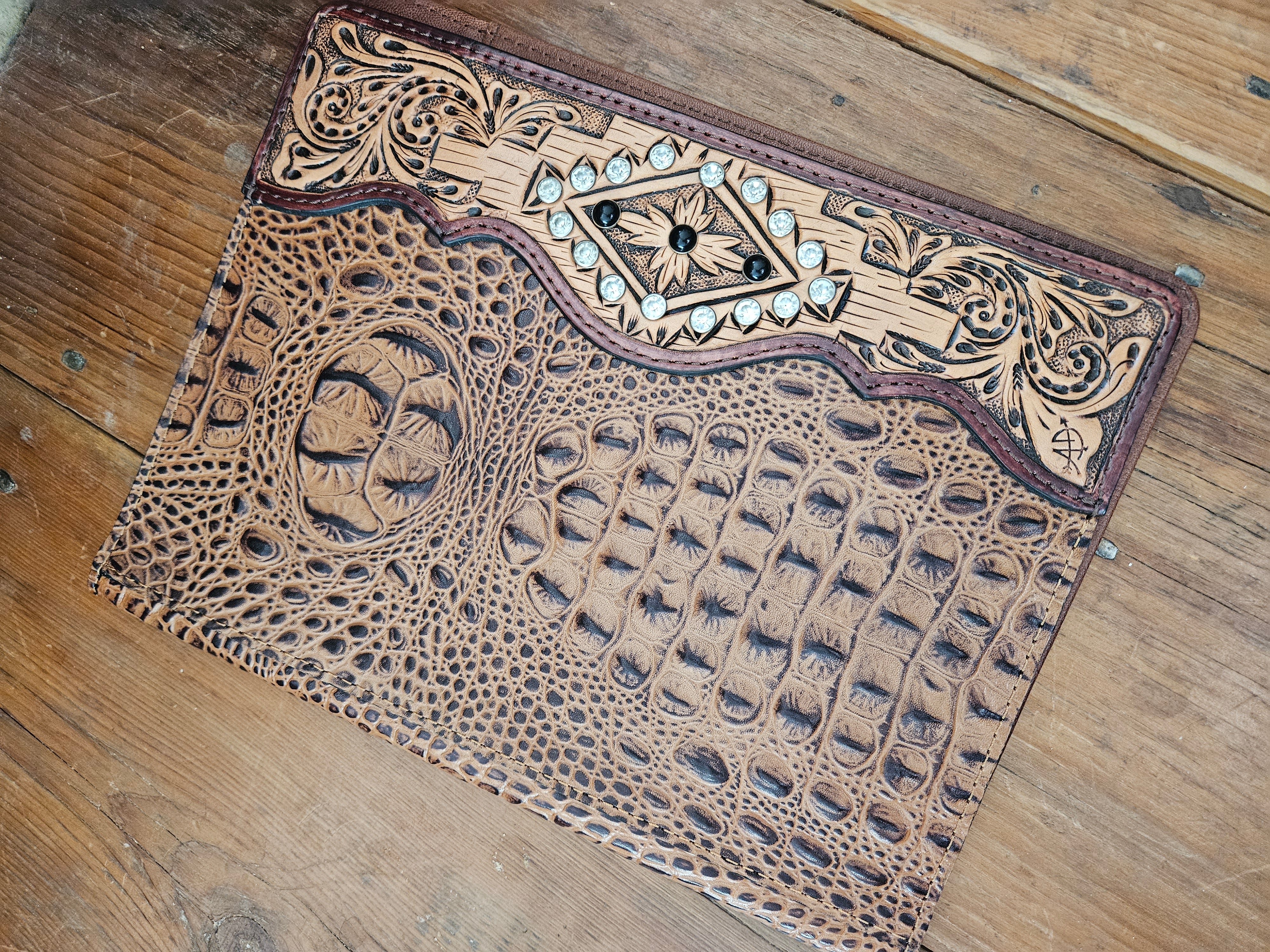 Natural Croc and Jewel Leather Tooled Note Pad Holder Portfolio