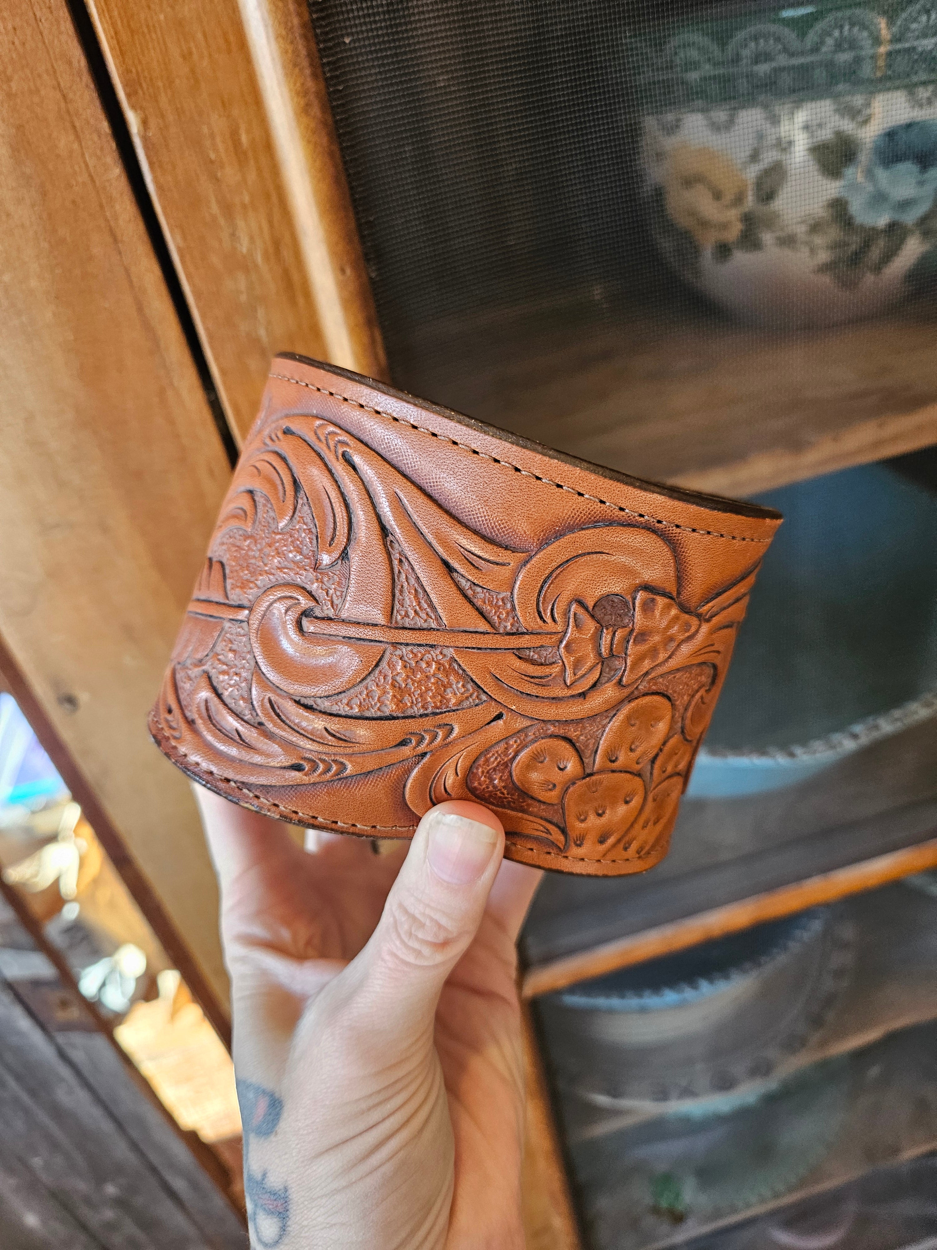 Leather Tooled Yeti Cup Wrap Cactus Arrow SALE