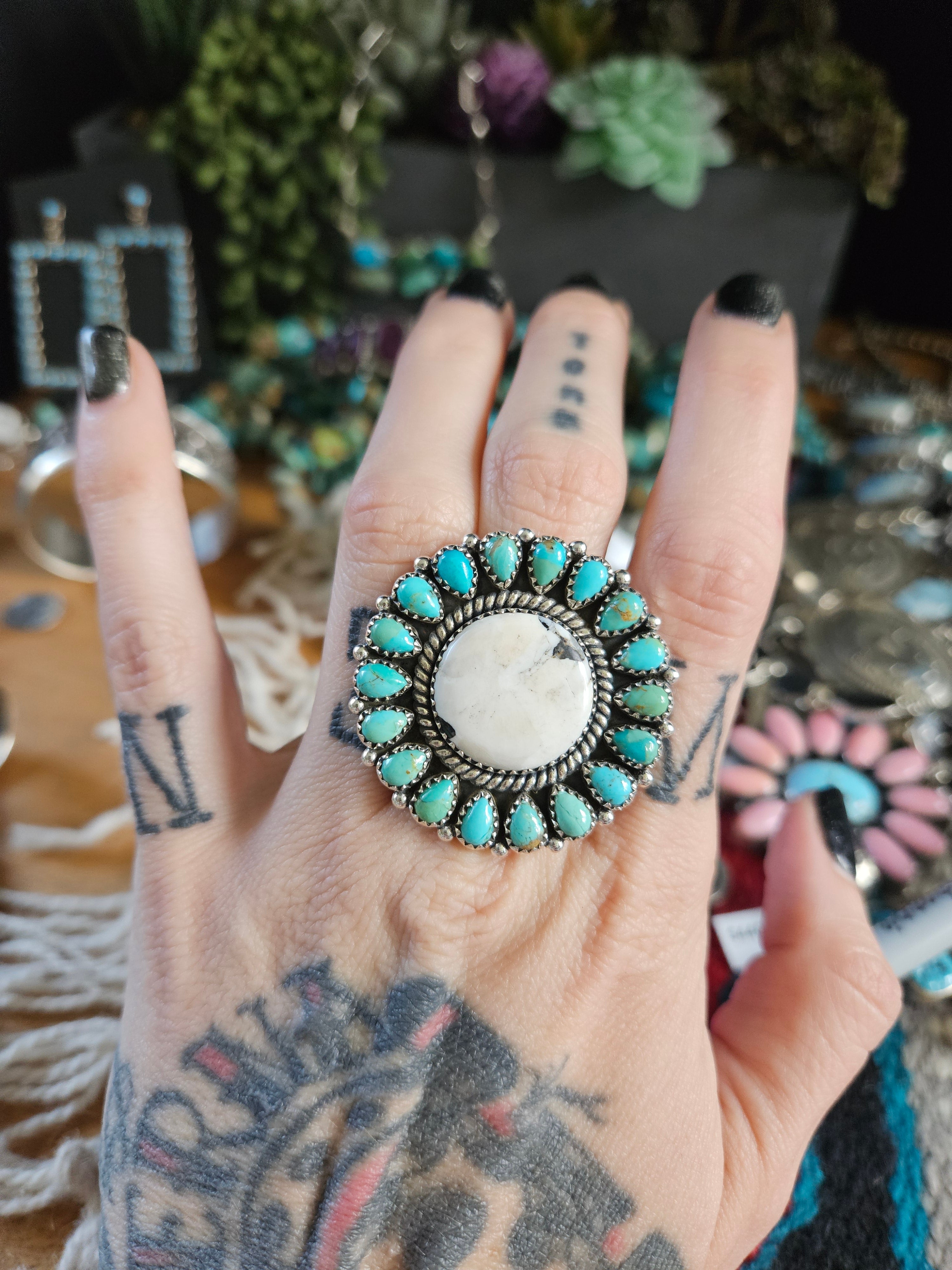 Turquoise & White Buffalo Cluster Ring