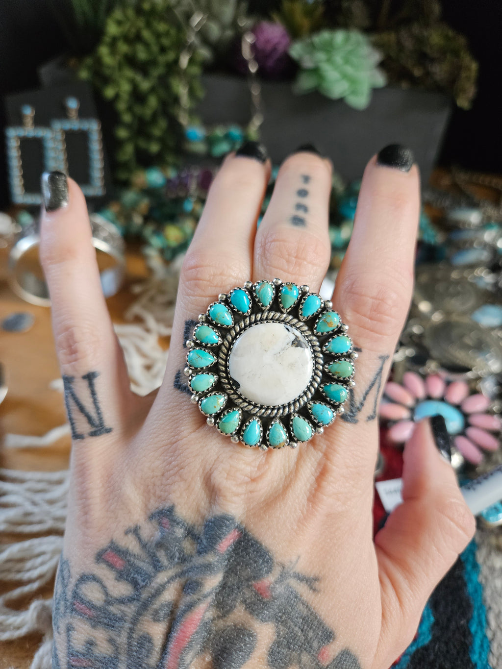 Turquoise & White Buffalo Cluster Ring