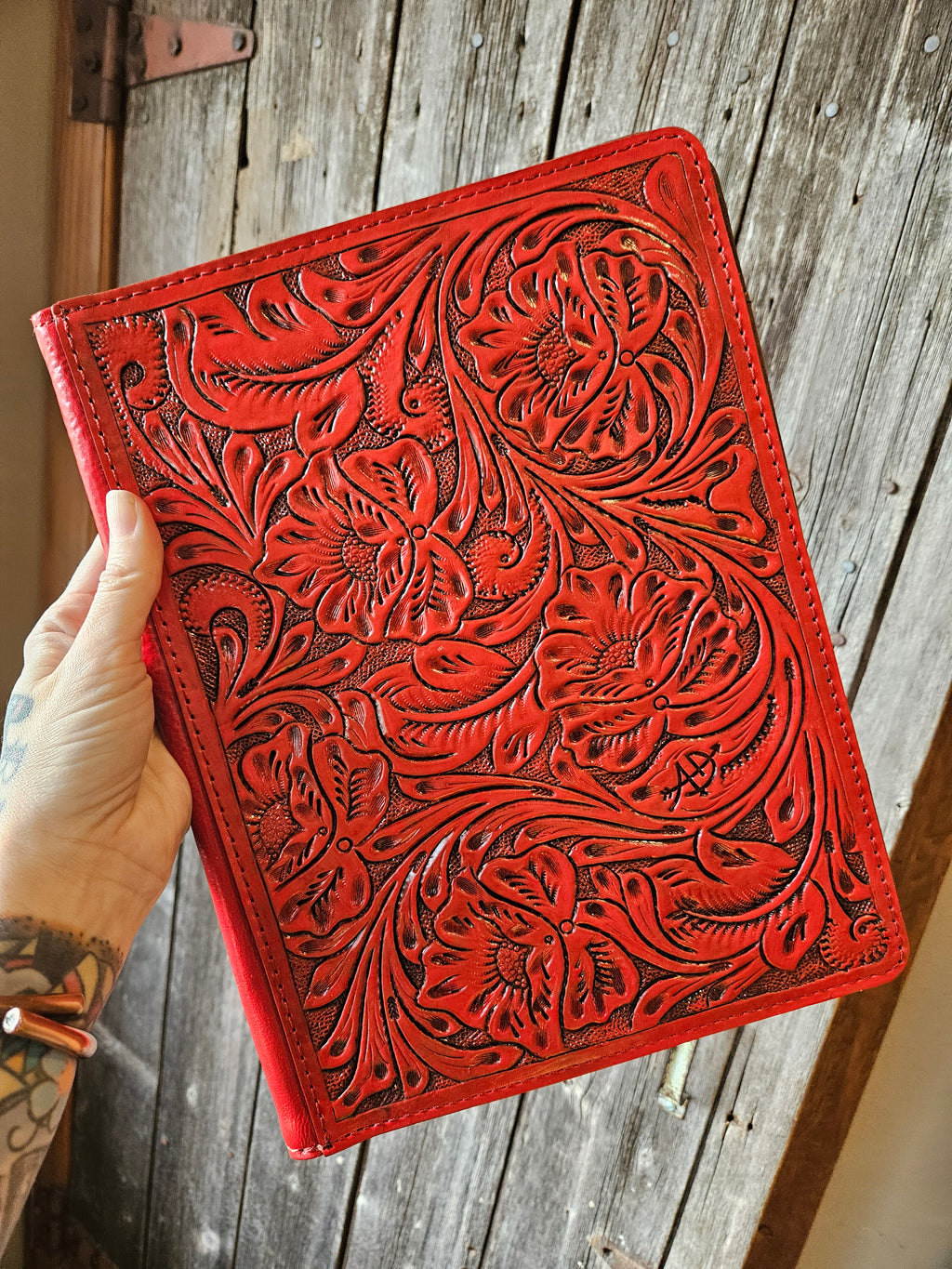 Tooled Red Floral Leather Note Pad Holder