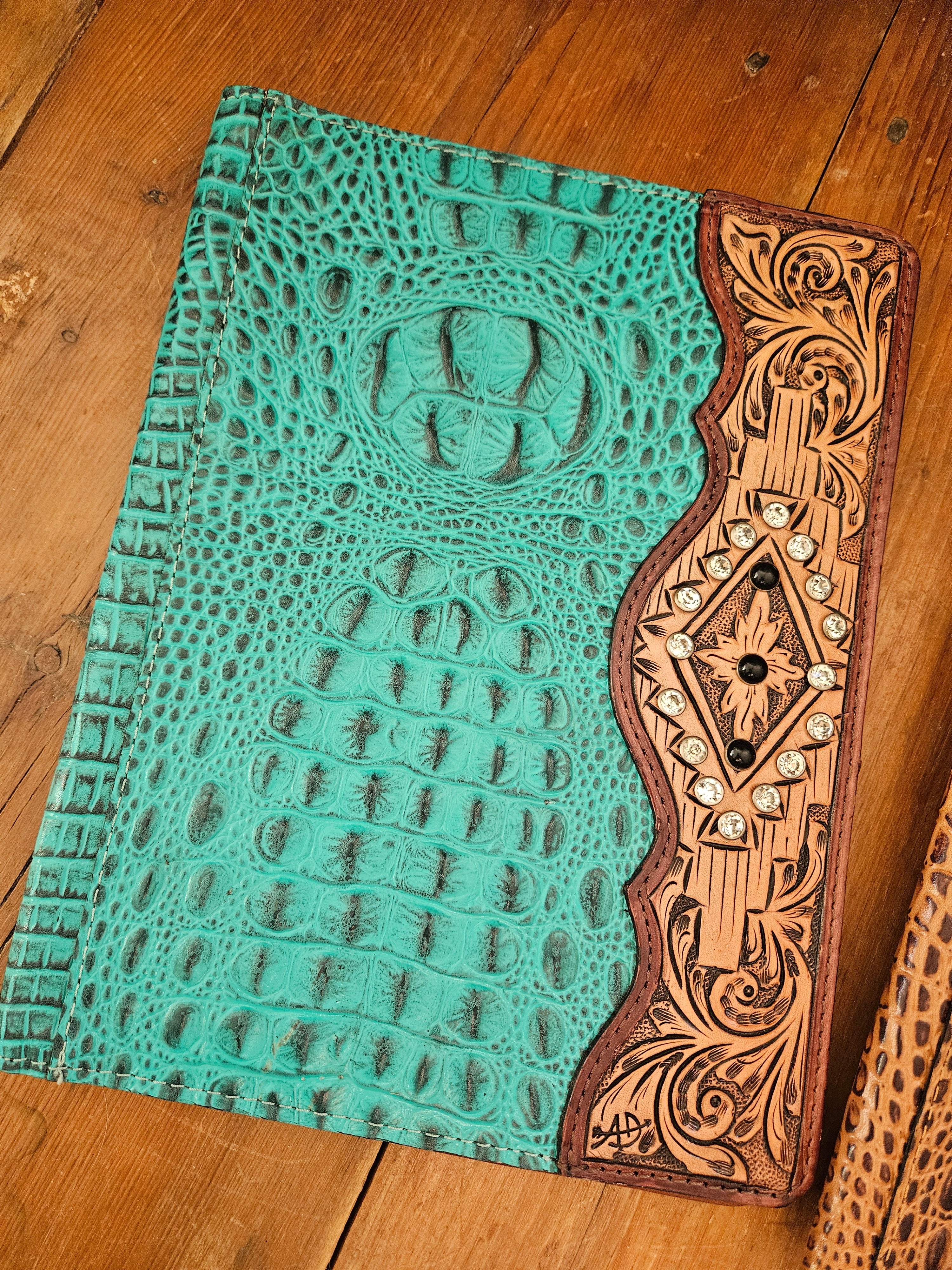 Turquoise Croc and Jewel Leather Tooled Note Pad Holder Portfolio