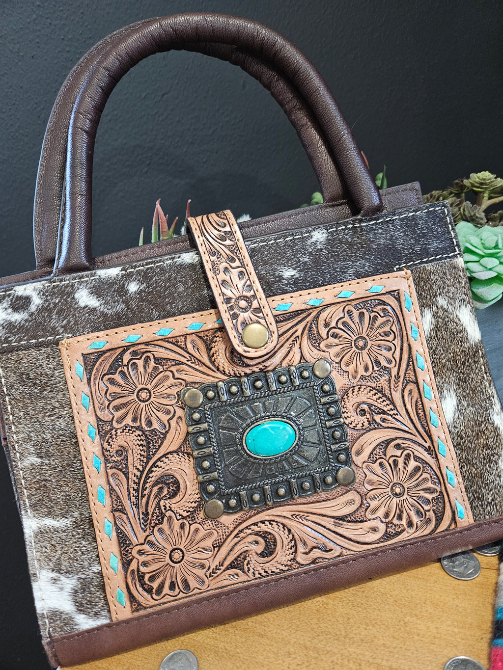Tooled Leather Cowhide Planner or Bible Cover with Handles