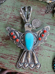 Turquoise & Coral Thunderbird Statement Pendant