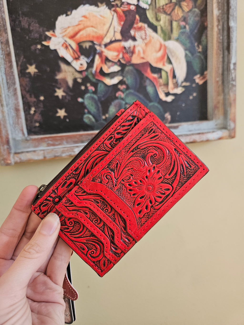 Red Tooled Leather Card Holder
