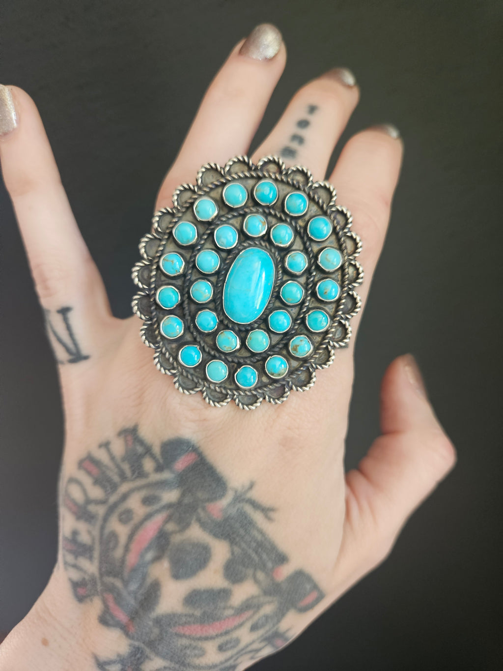 Big Turquoise Concho Cluster Ring