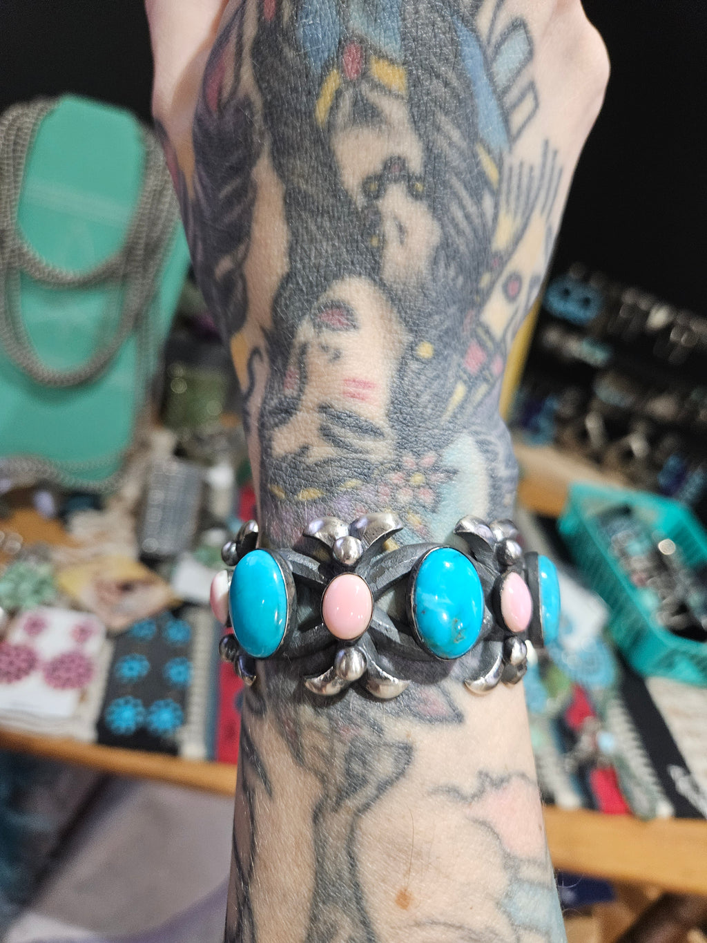 Heavy Sandcast Turquoise & Cotton Candy Chimney Butte Cuff
