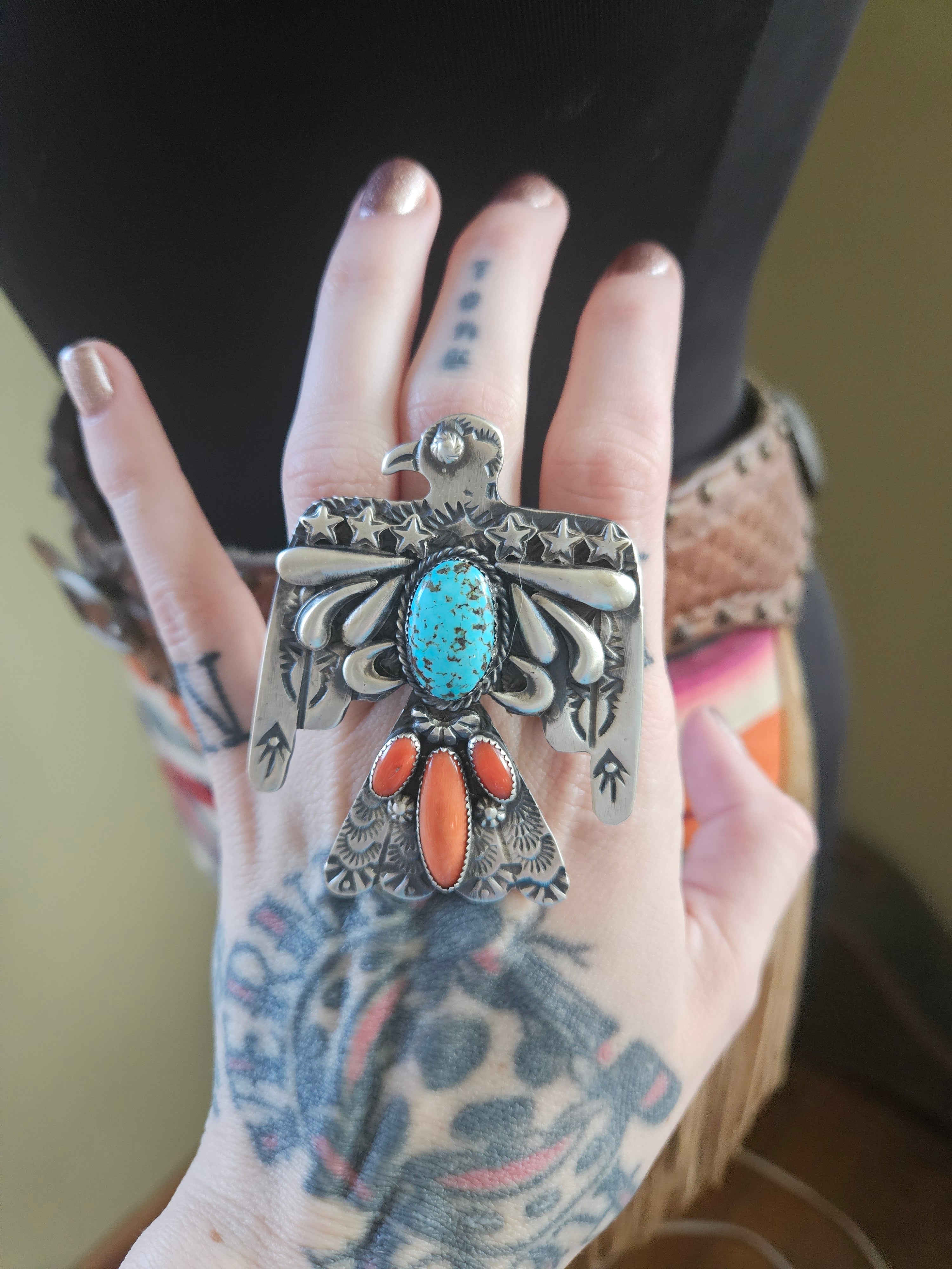 Thunderbird Turquoise and Coral Statement Ring