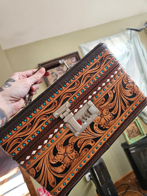 Locking Buckstitch Leather Tooled Jewelry Box