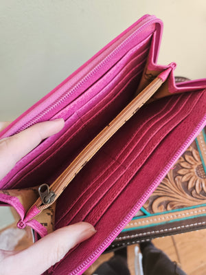 Pink Leather Tooled Zipper Wallet