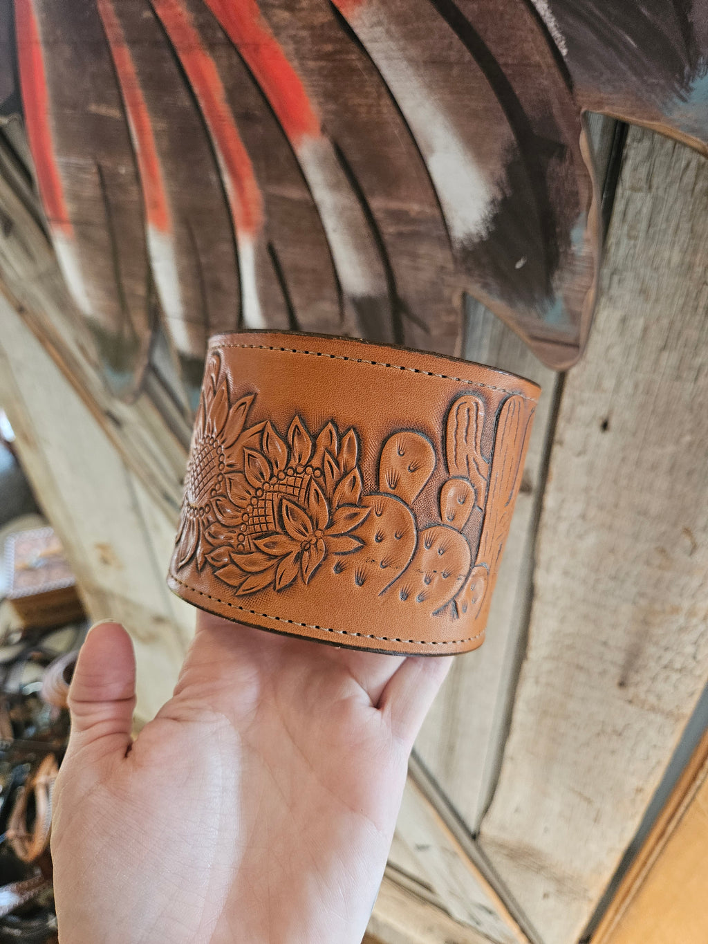 Leather Sunflower Cactus Yeti Cup Wrap