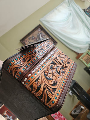Locking Buckstitch Leather Tooled Jewelry Box