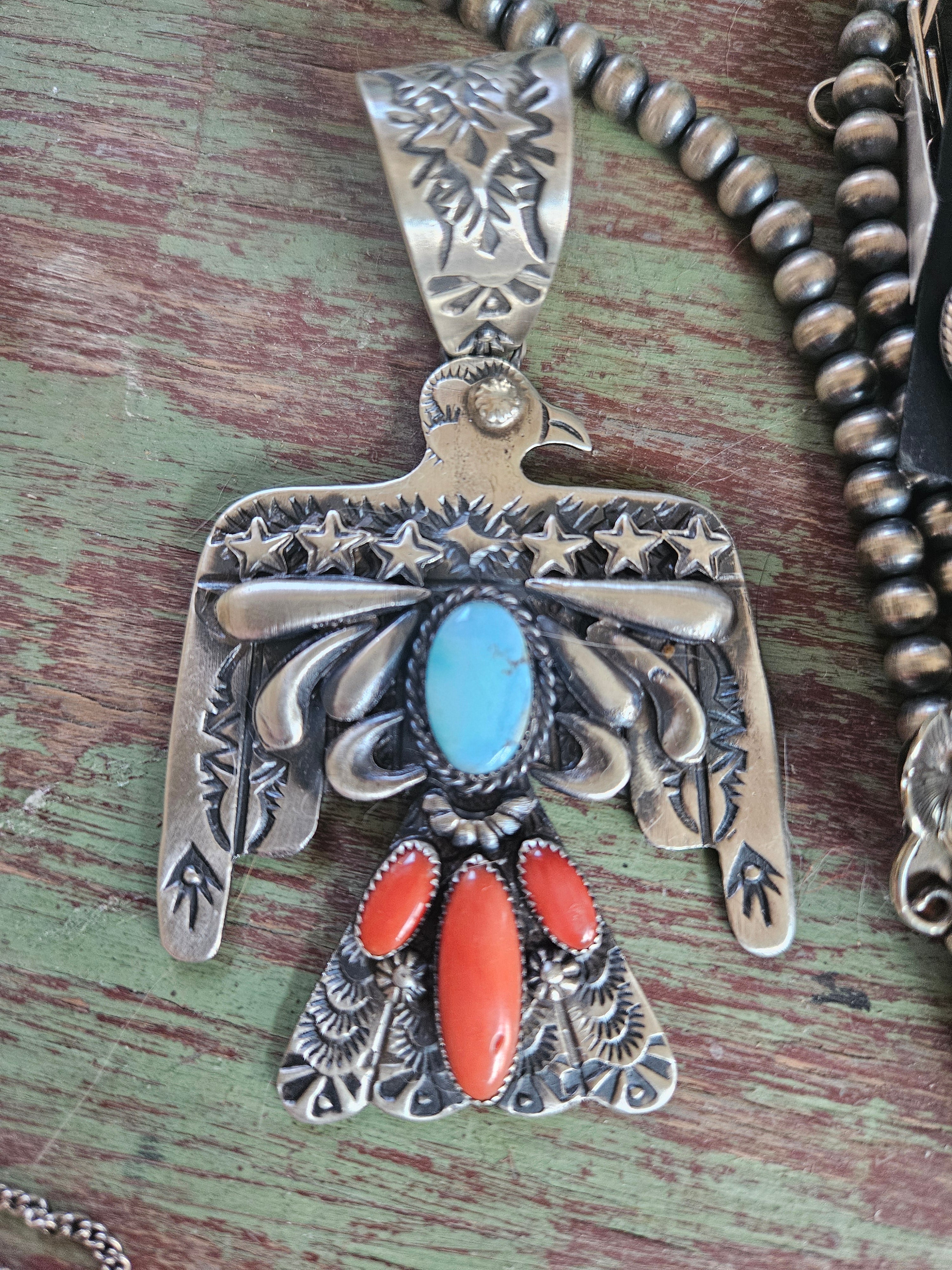 Thunderbird Golden Hills Turquoise and Coral Big Pendant