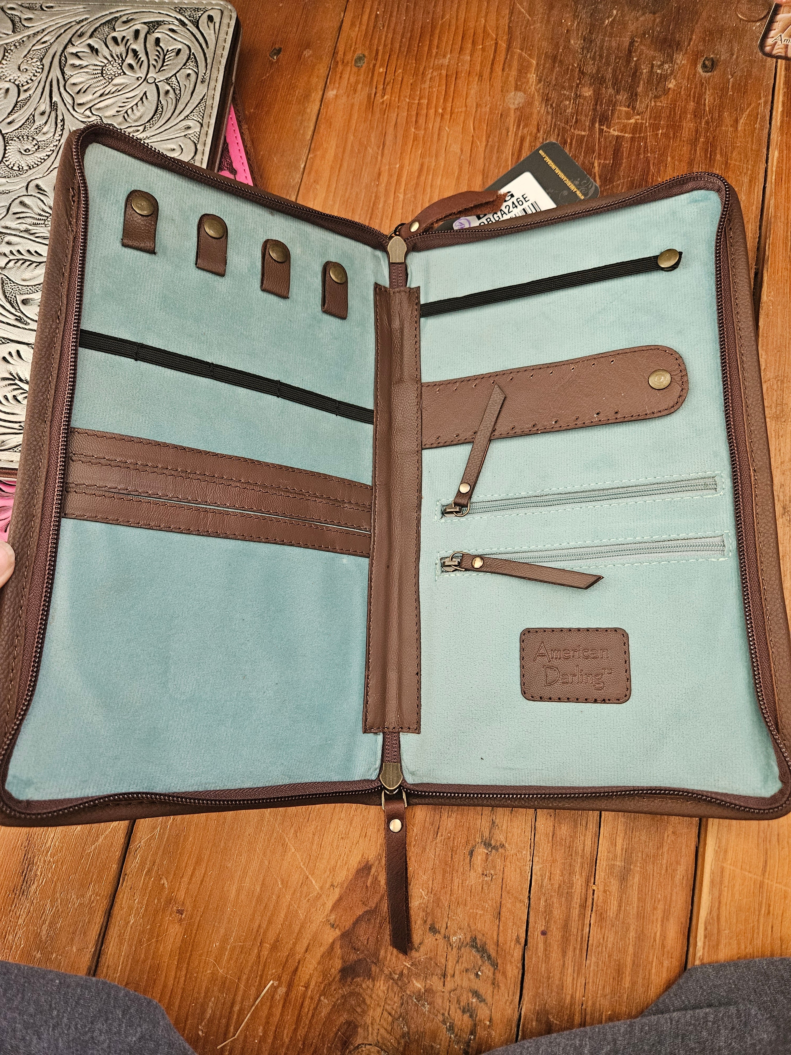 Turquoise Leather Tooled Jewelry Box Travel Case Cowhide