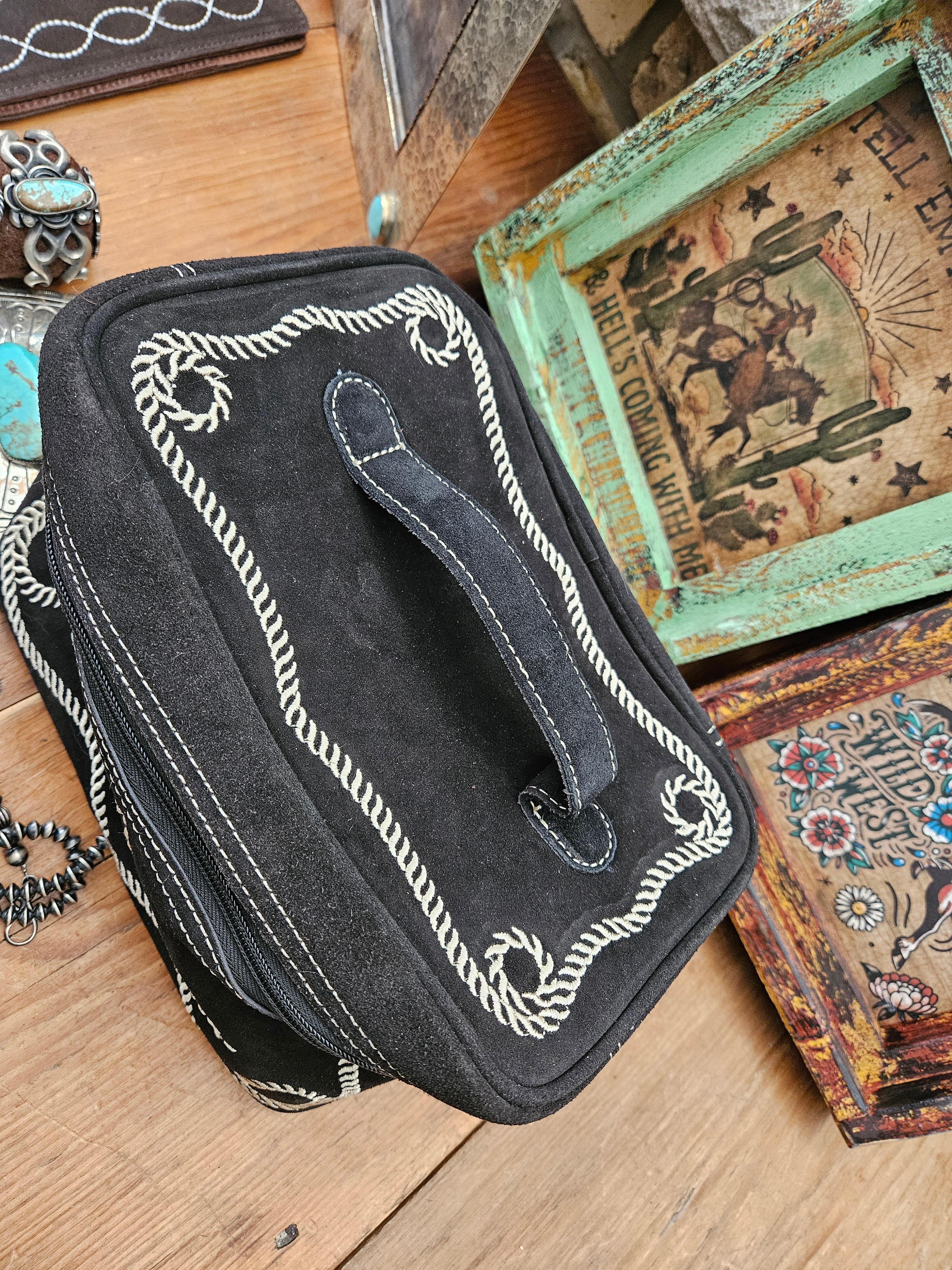 Soft sided Black Suede Rope Cowboy Bootstitch Travel Case