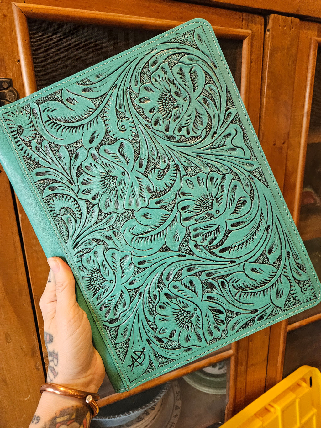 Turquoise Leather Tooled Note Pad Cover