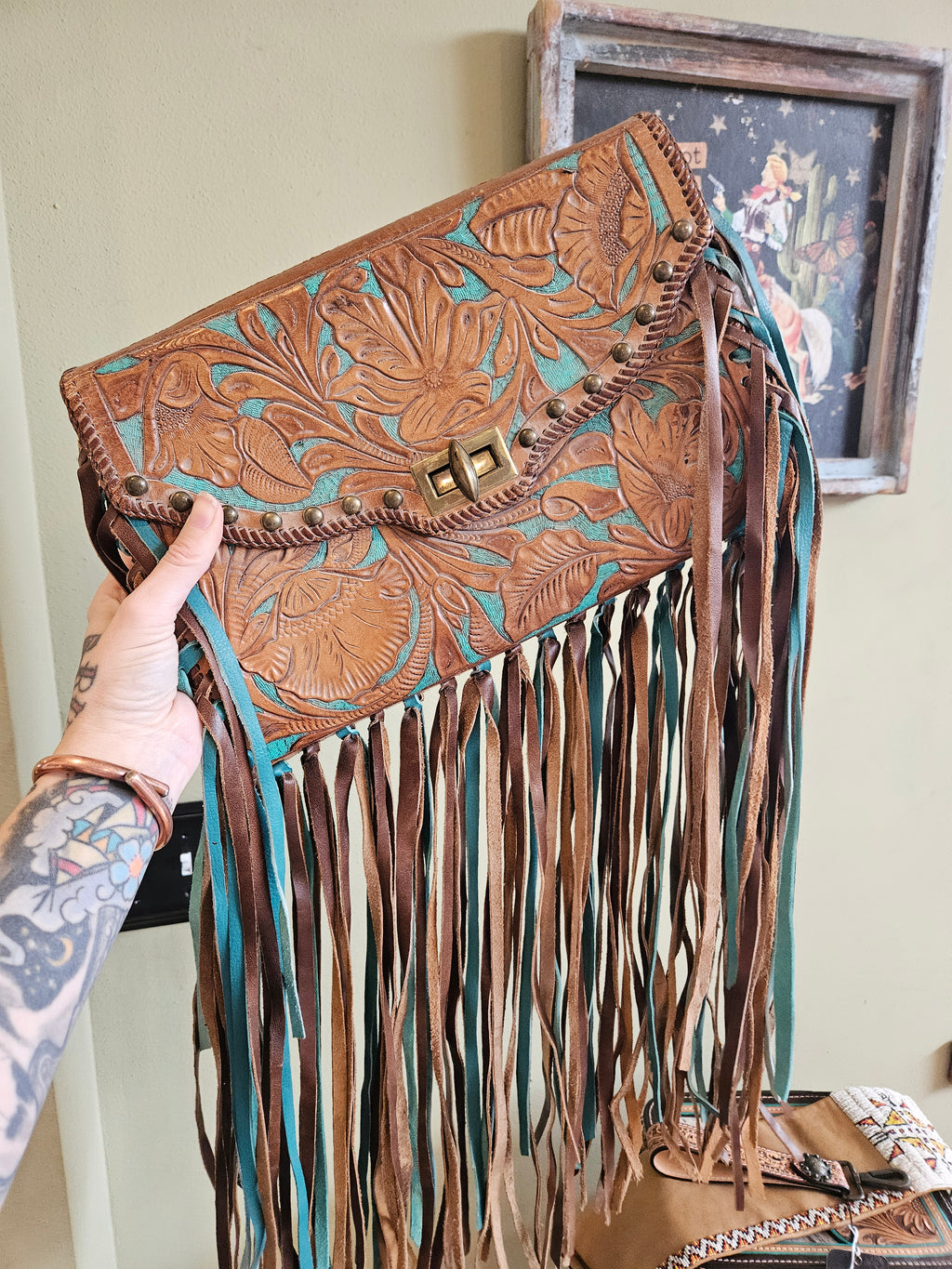 Vintage Tooled Leather Fringe Clutch