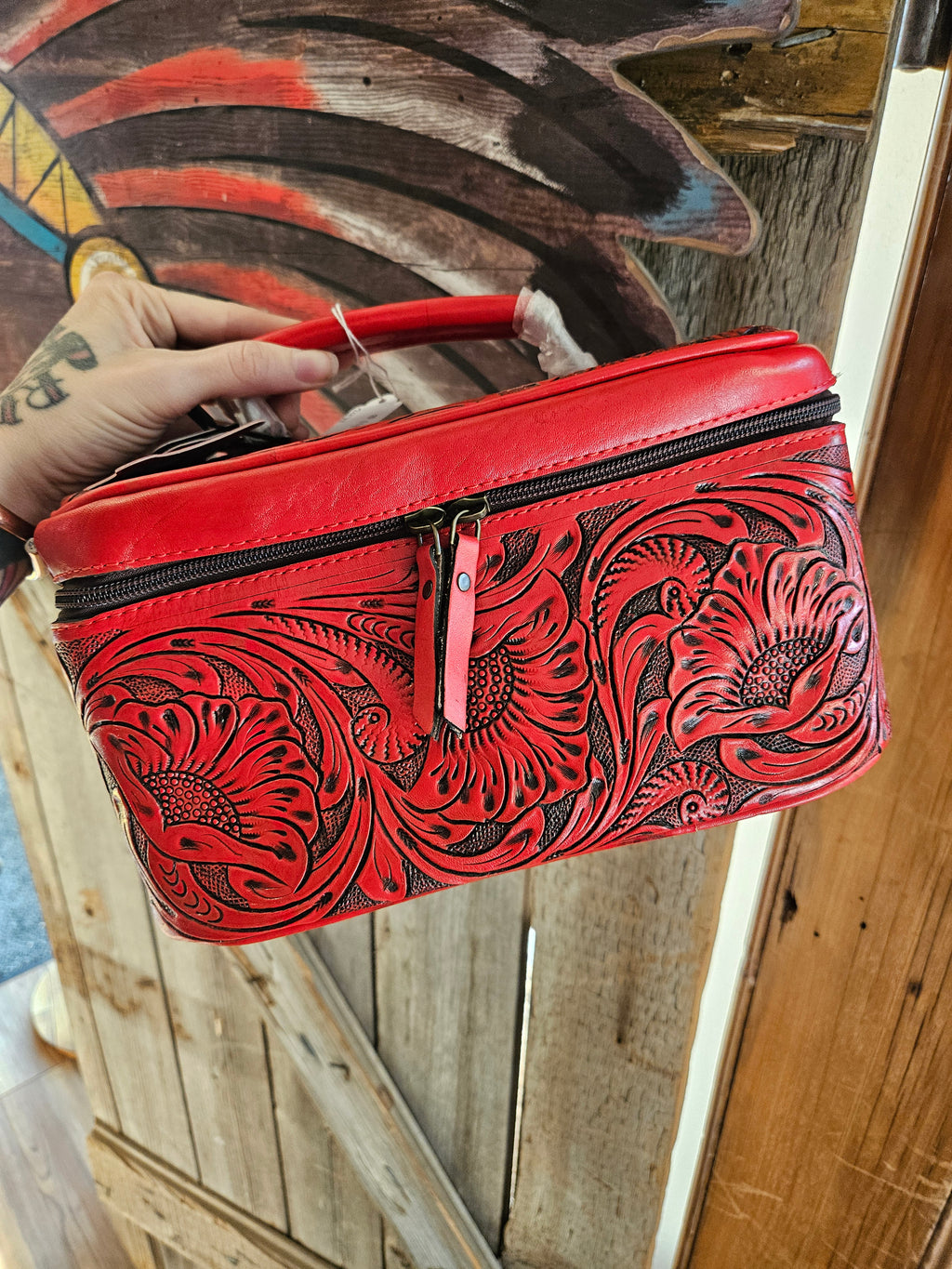 Red Leather Tooled Travel Box Case