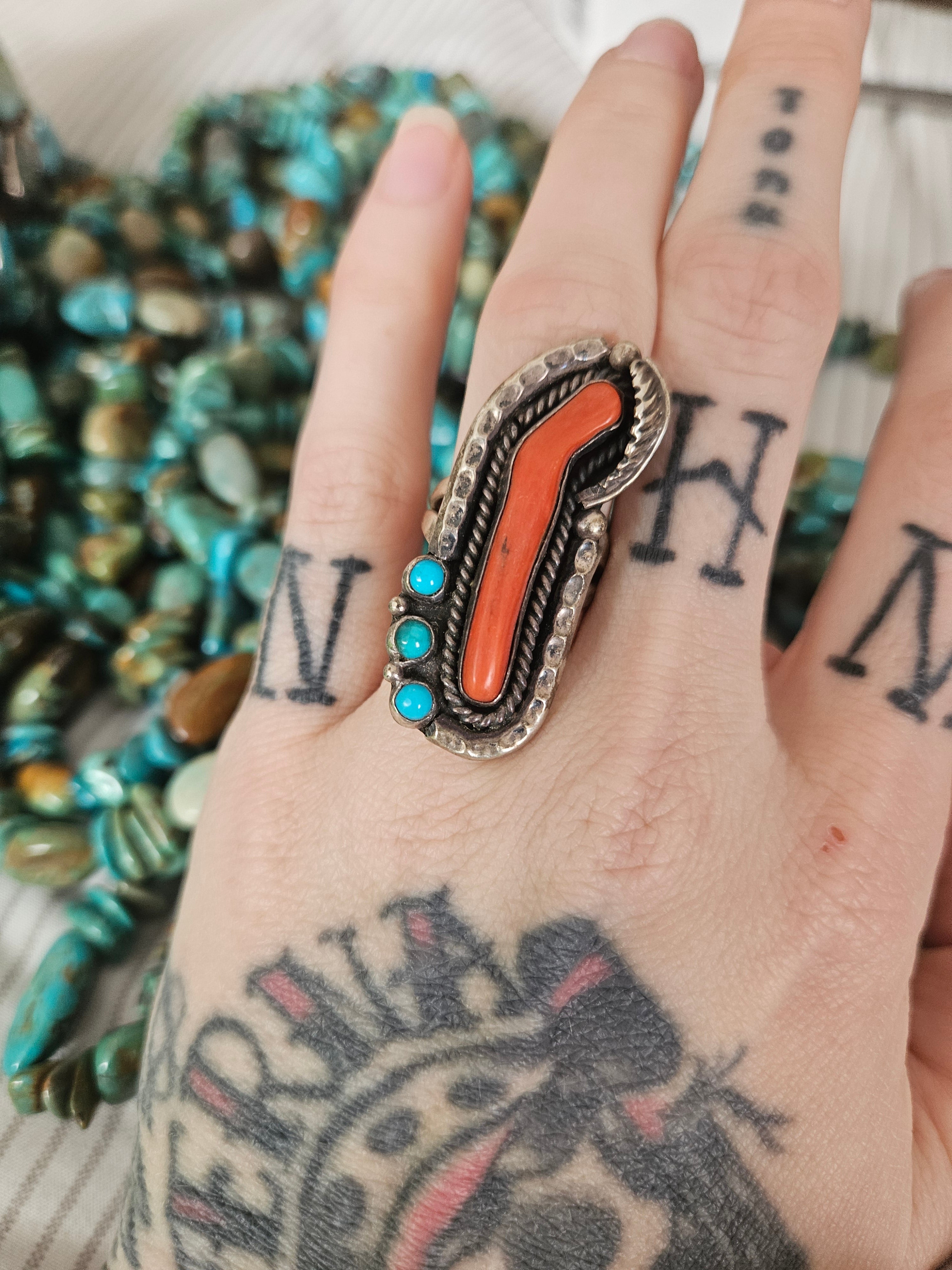 Vintage Coral and Turquoise Ring