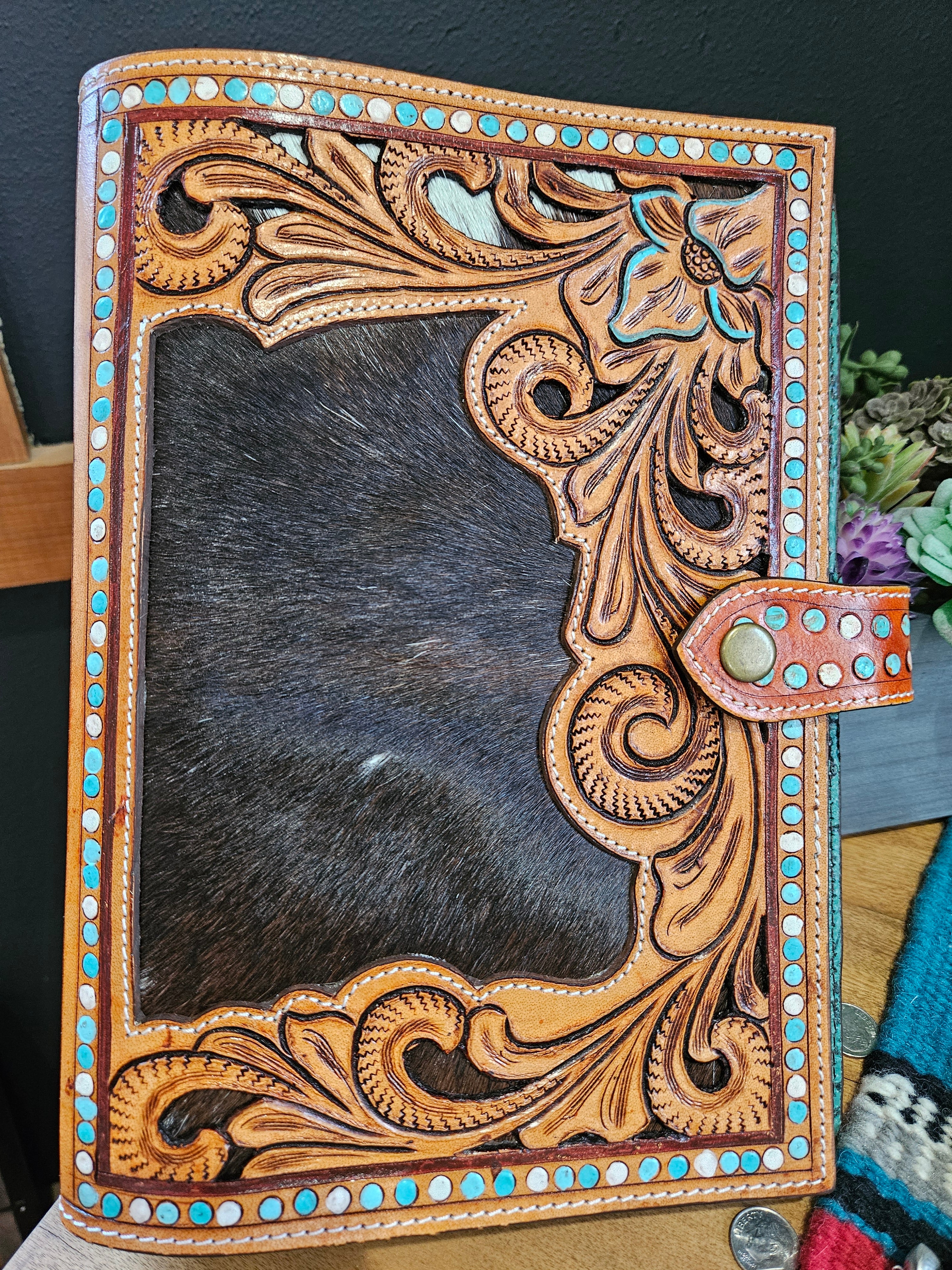 Tooled Leather Cowhide Planner or Bible Cover