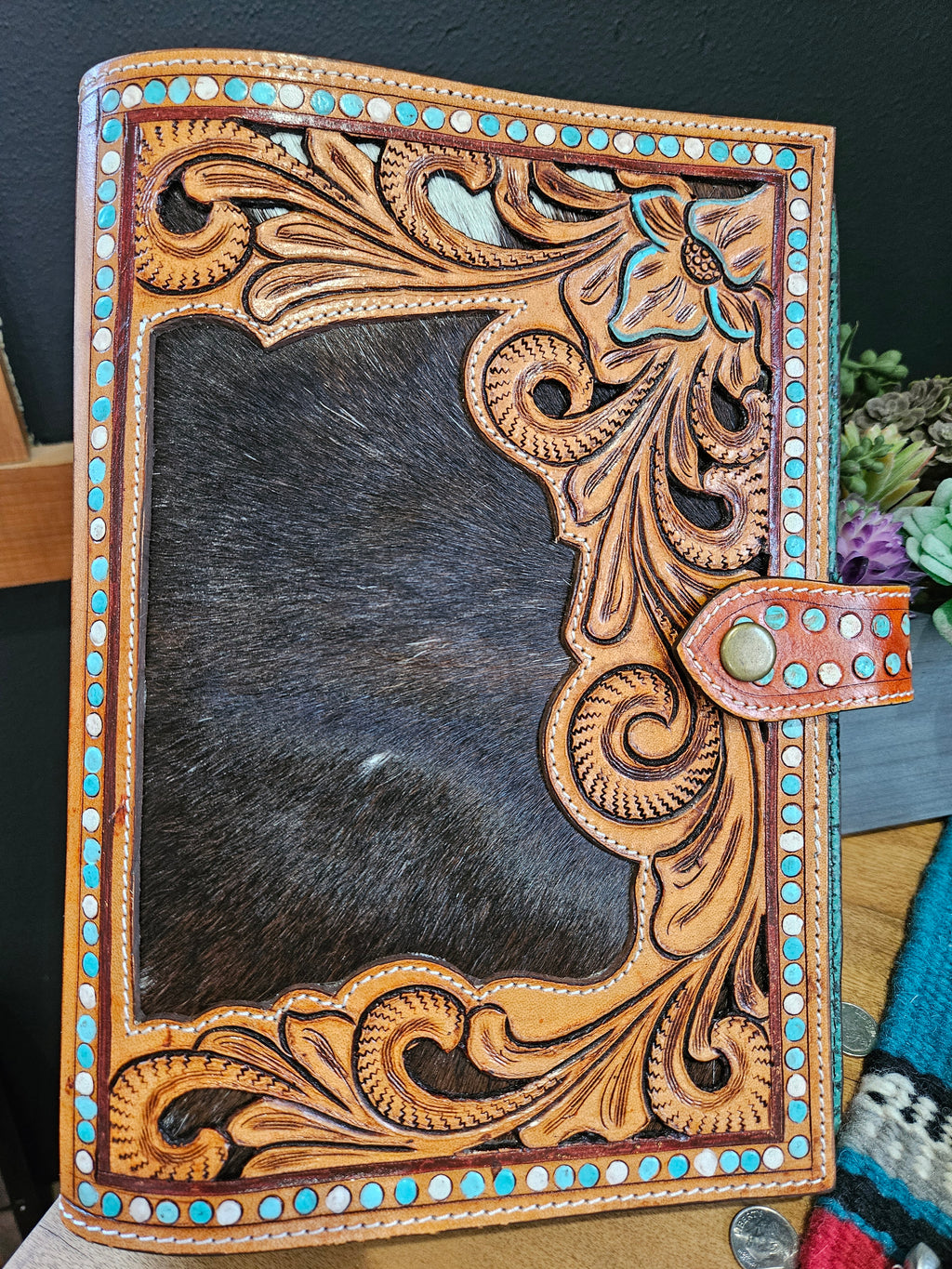 Tooled Leather Cowhide Planner or Bible Cover