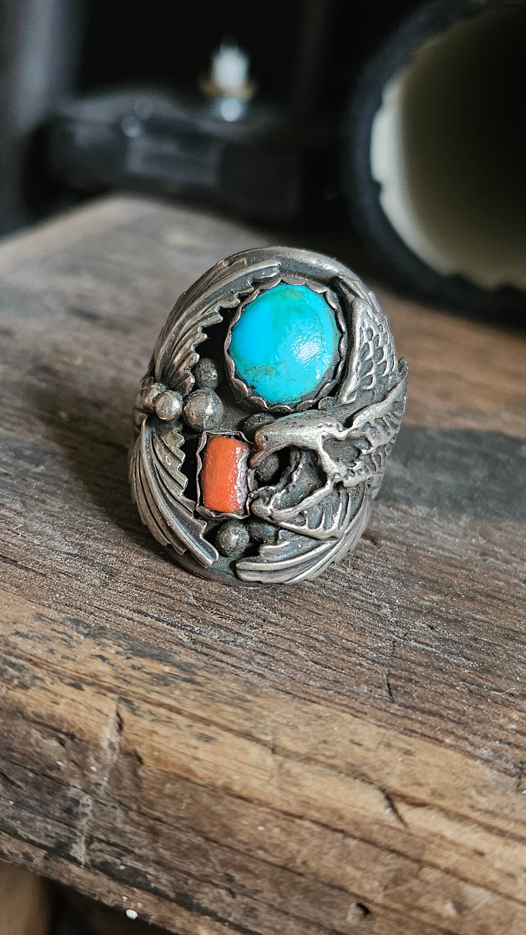 Vintage Turquoise Men's Coral Eagle Ring Size 12