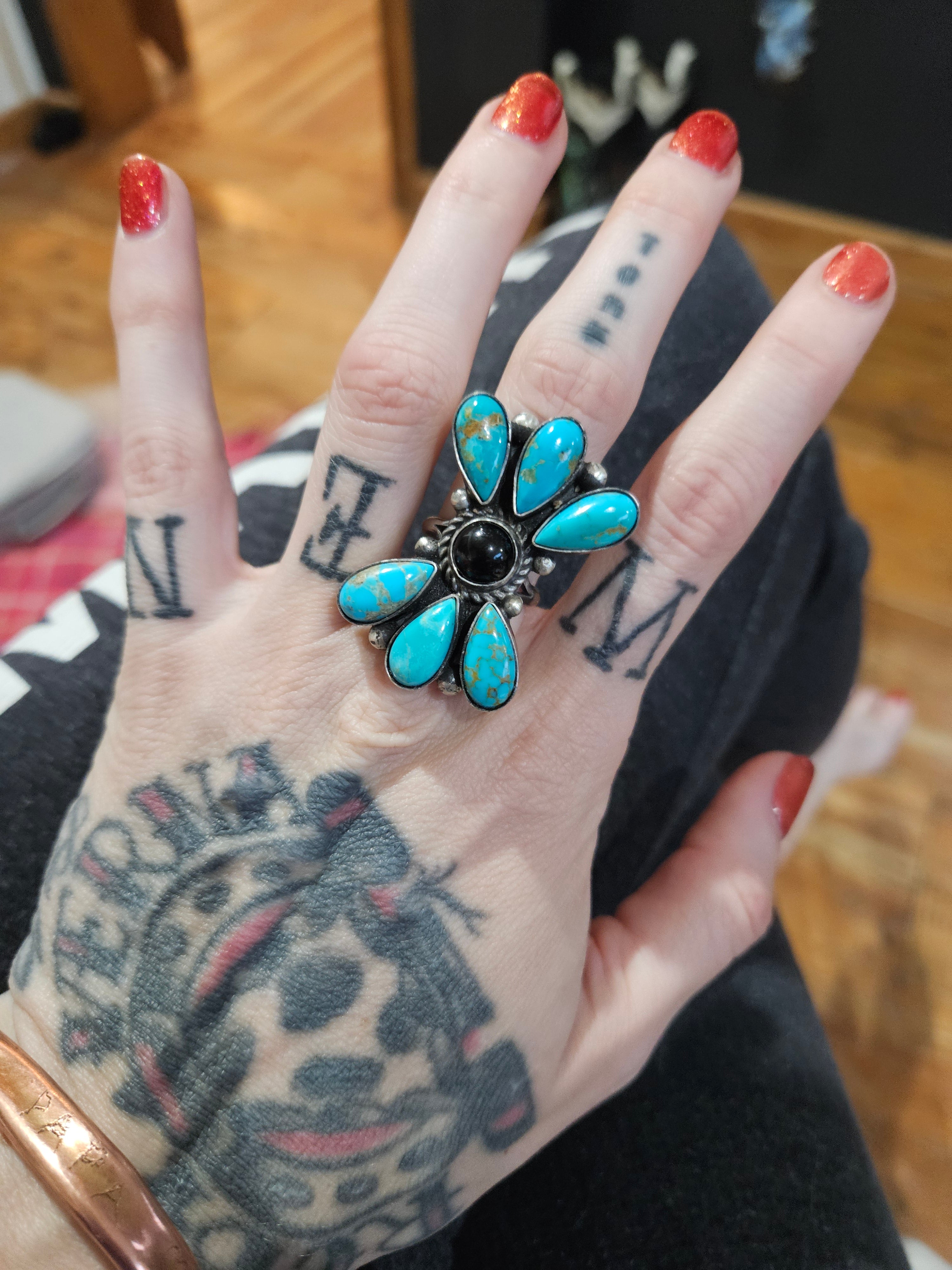 Turquoise and Onyx Cluster Fan Ring