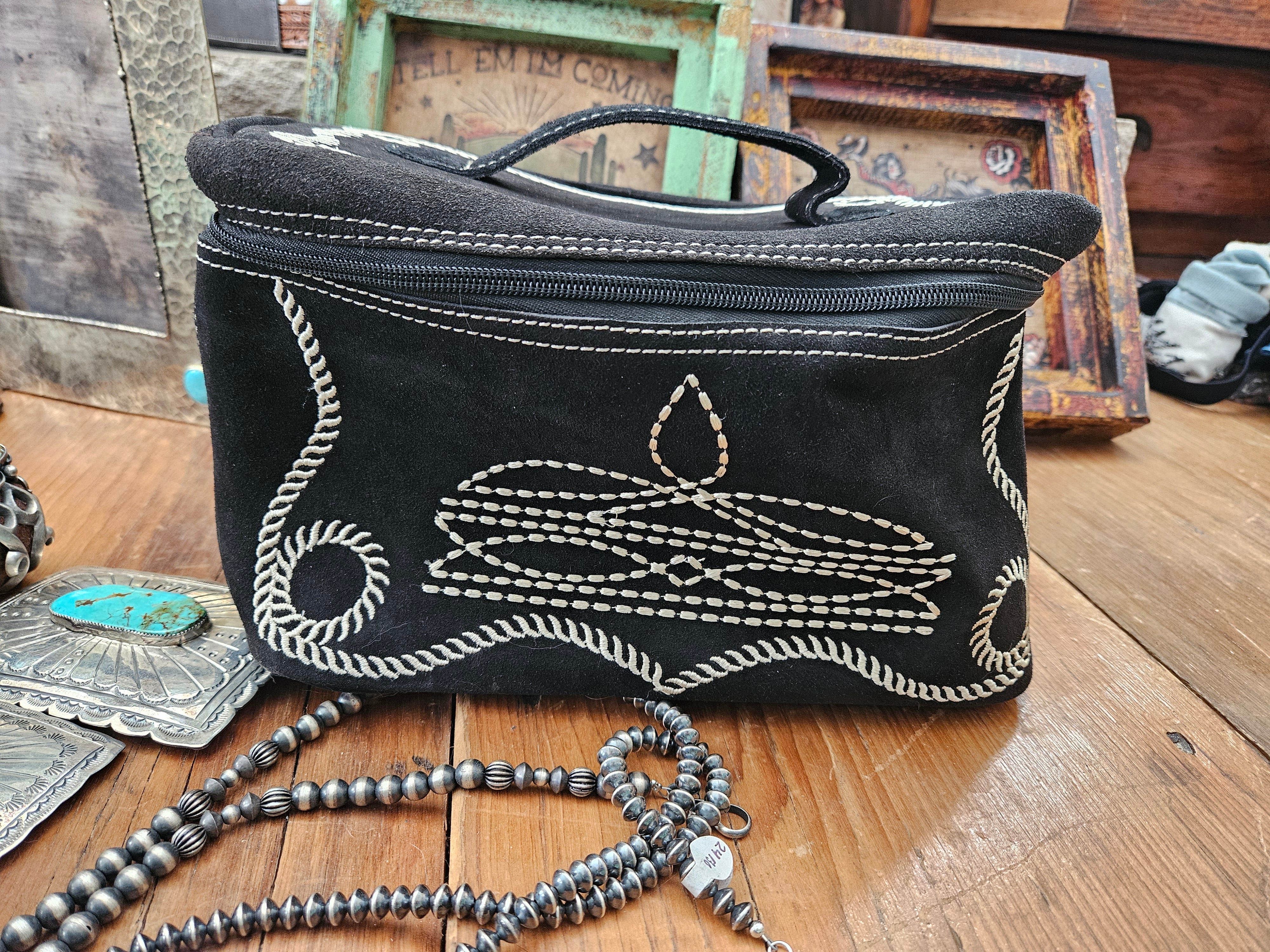 Soft sided Black Suede Rope Cowboy Bootstitch Travel Case